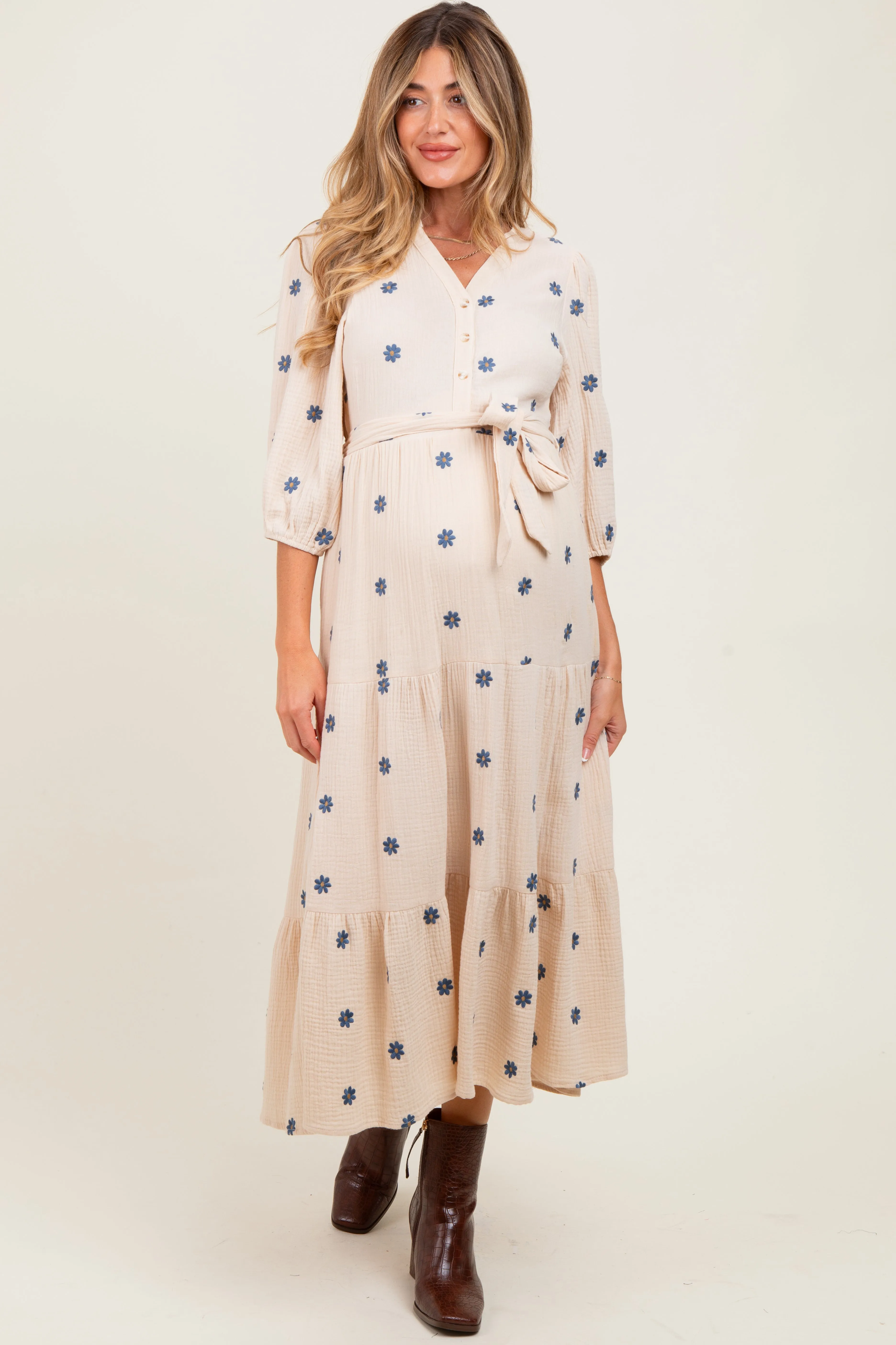 Cream Floral Cotton Gauze Tiered Maternity Midi Dress sold by Pinkblush product image thumbnail 2