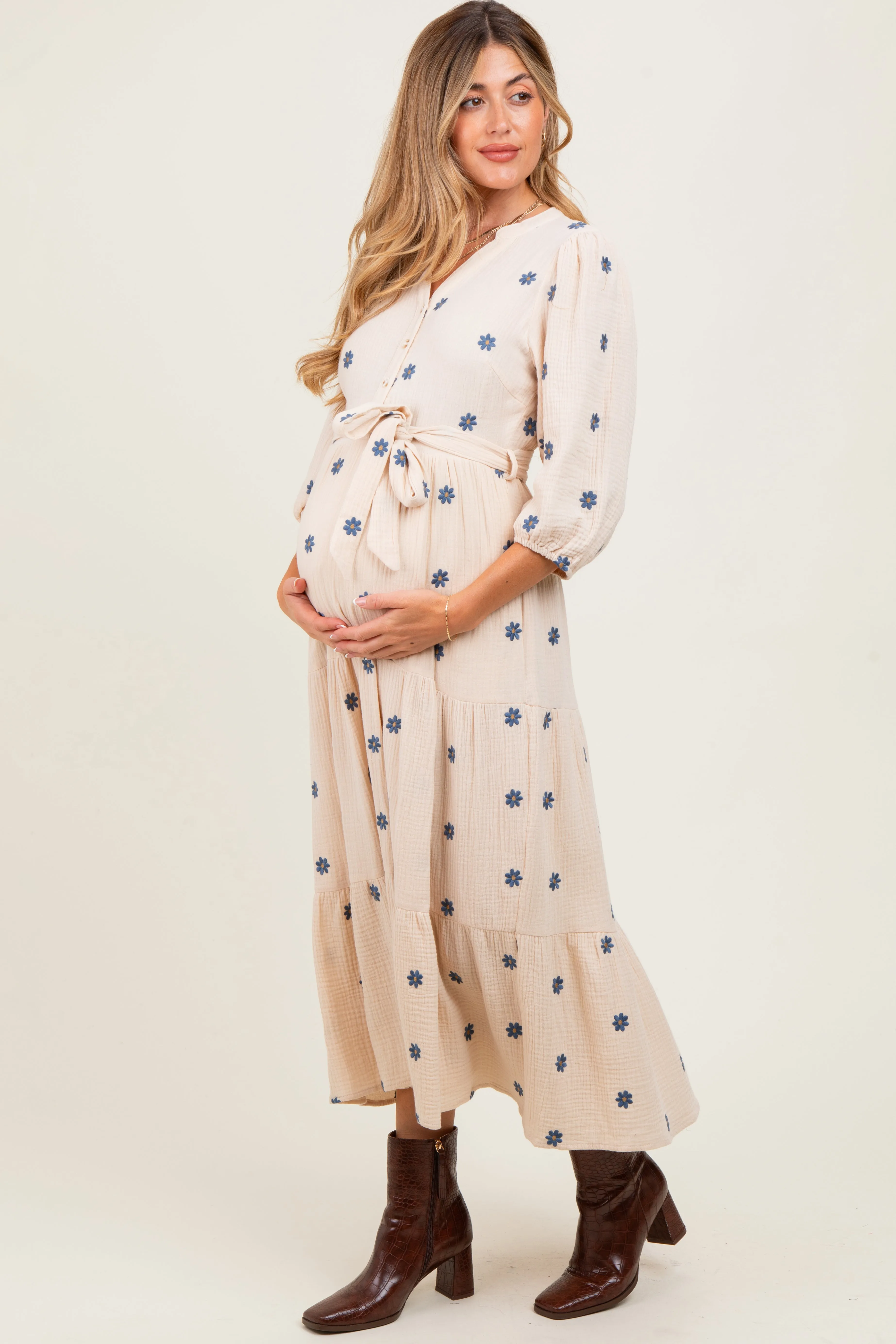 Cream Floral Cotton Gauze Tiered Maternity Midi Dress sold by Pinkblush product image thumbnail 3