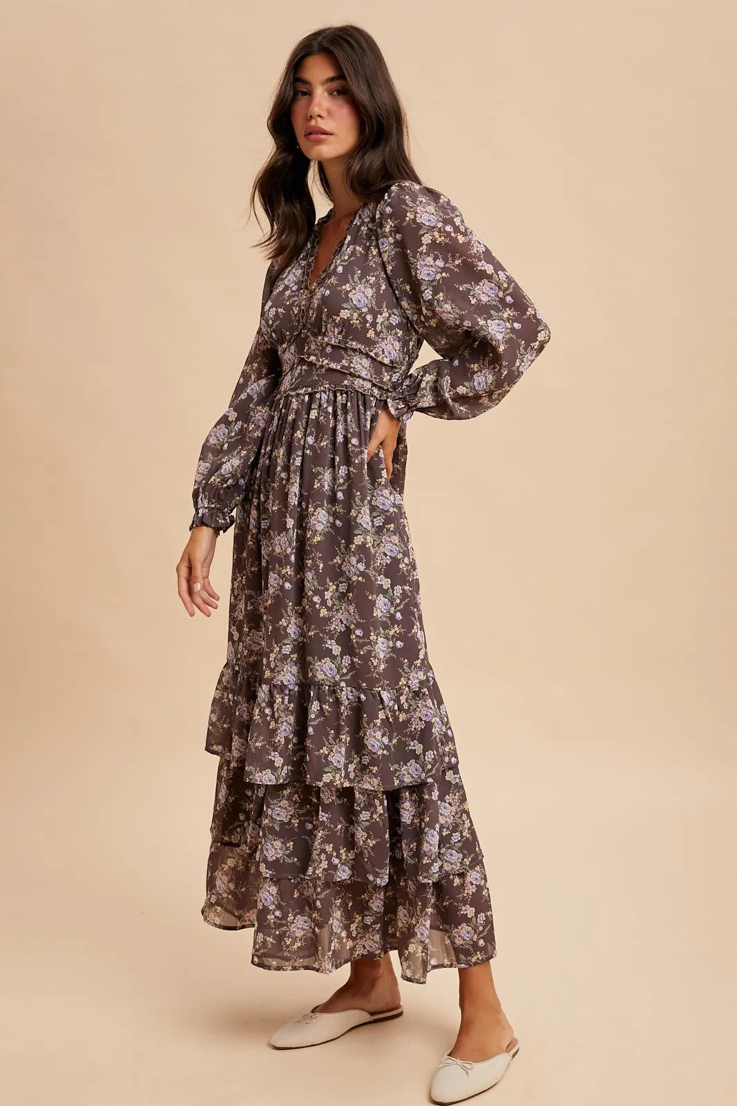 Brown Vintage Floral Ruffle Tiered Hem Maxi Dress sold by Pinkblush product image thumbnail 3