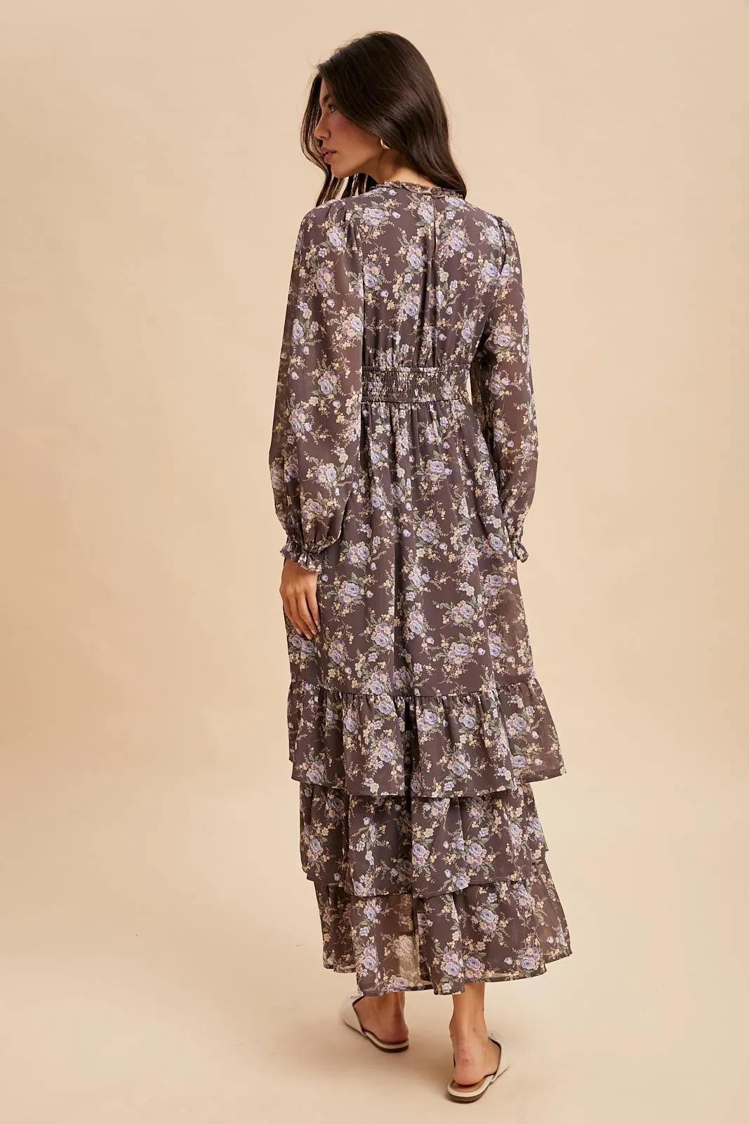 Brown Vintage Floral Ruffle Tiered Hem Maxi Dress sold by Pinkblush product image thumbnail 4