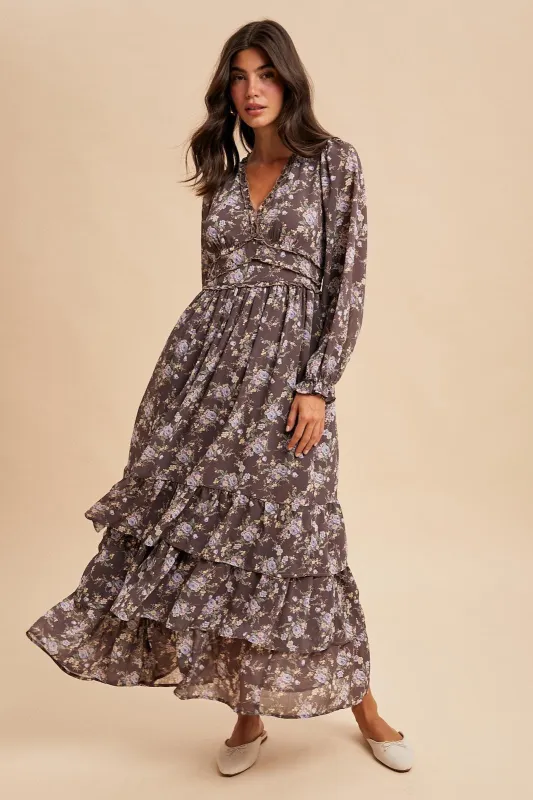 Brown Vintage Floral Ruffle Tiered Hem Maxi Dress sold by Pinkblush