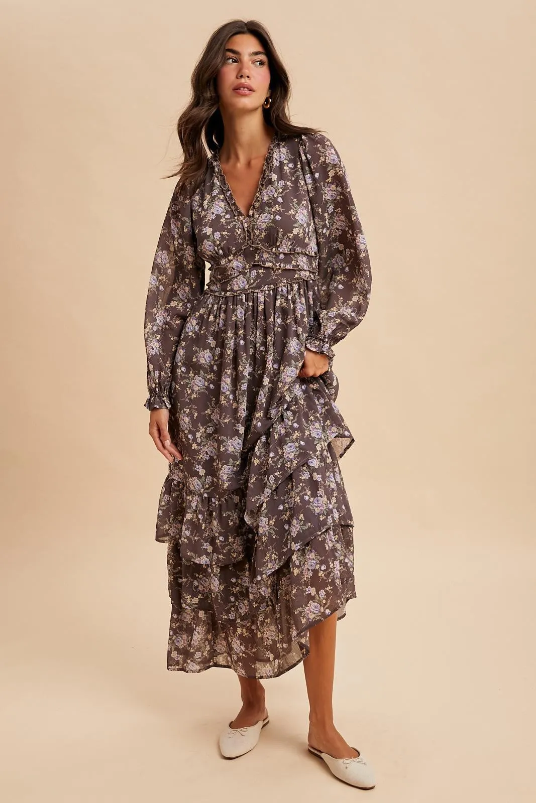 Brown Vintage Floral Ruffle Tiered Hem Maxi Dress sold by Pinkblush product image thumbnail 2