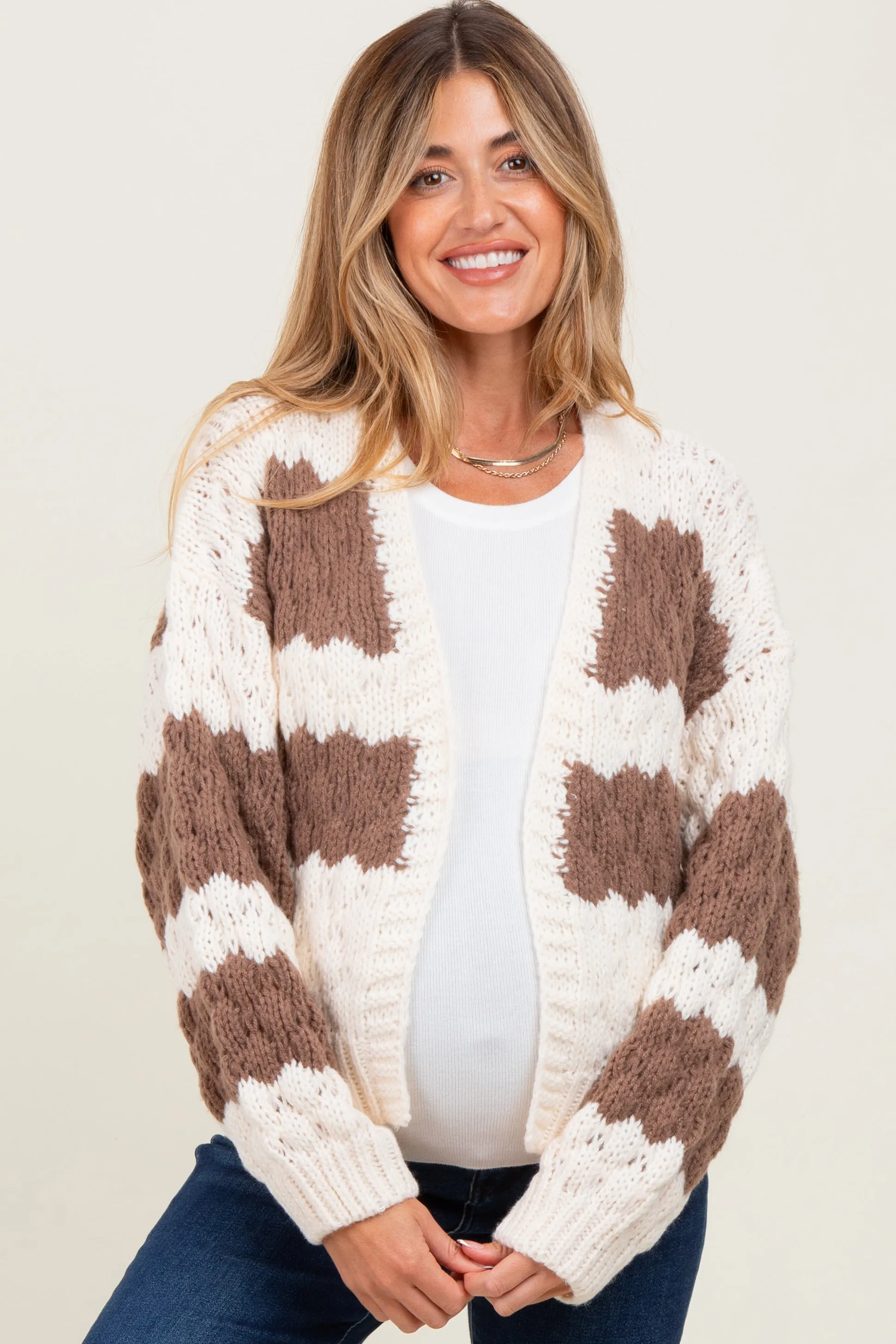 Brown Colorblock Chunky Knit Open Maternity Cardigan sold by Pinkblush