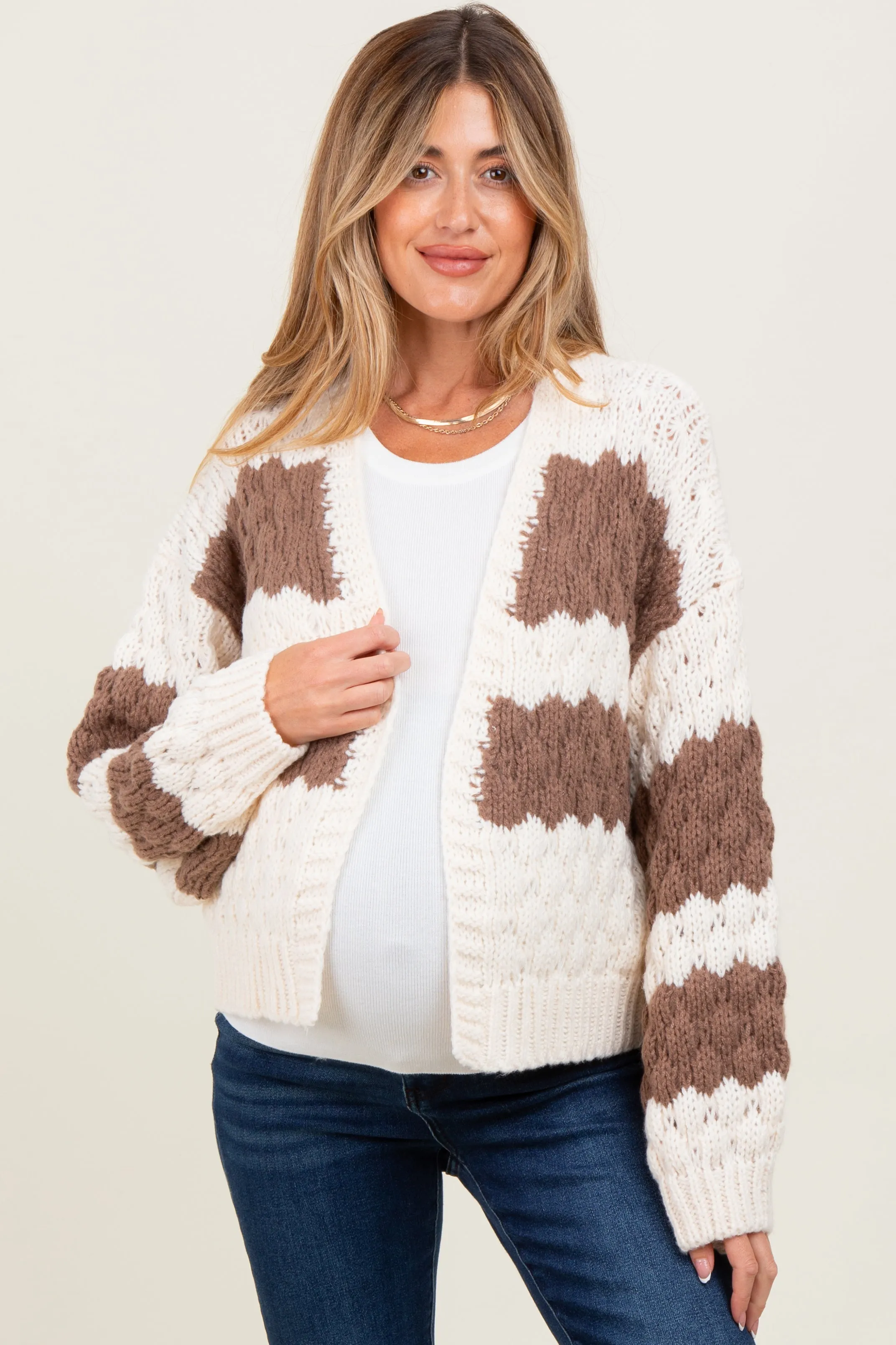 Brown Colorblock Chunky Knit Open Maternity Cardigan sold by Pinkblush product image thumbnail 2