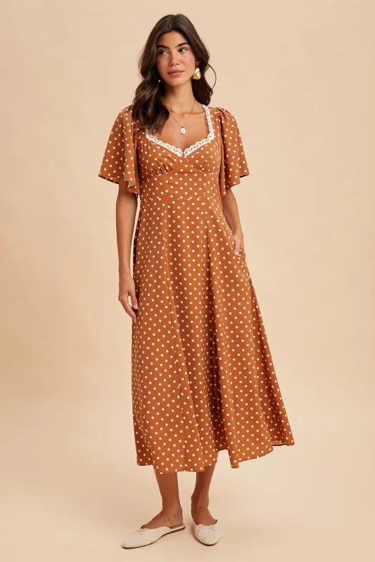 Camel Polka Dot Lace Trim Maxi Dress sold by Pinkblush