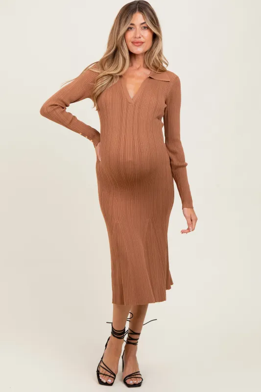 Brown Fit And Flare Maternity Midi Dress sold by Pinkblush