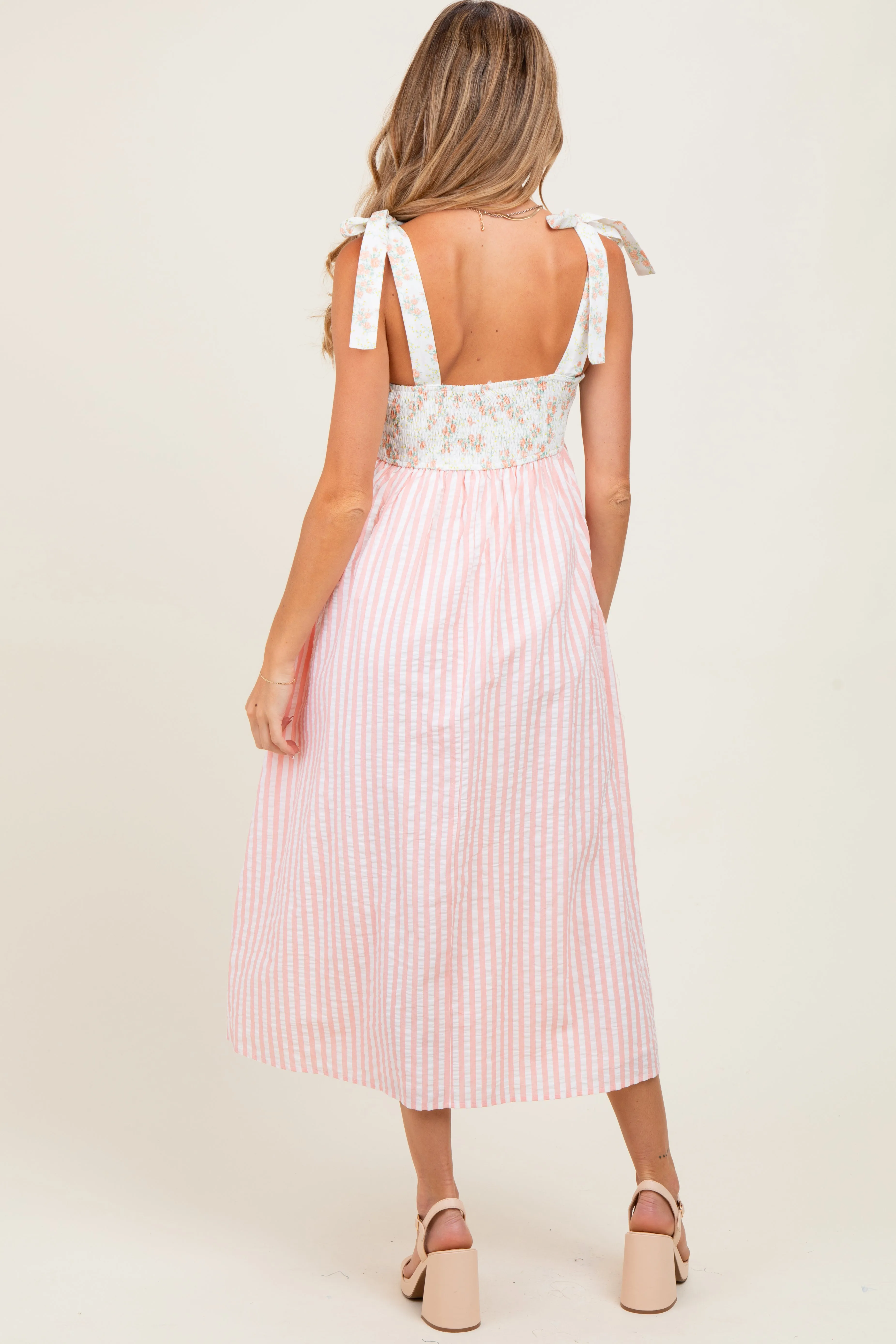 Peach Floral Contrast Stripe Shoulder Tie Maternity Midi Dress sold by Pinkblush product image thumbnail 4