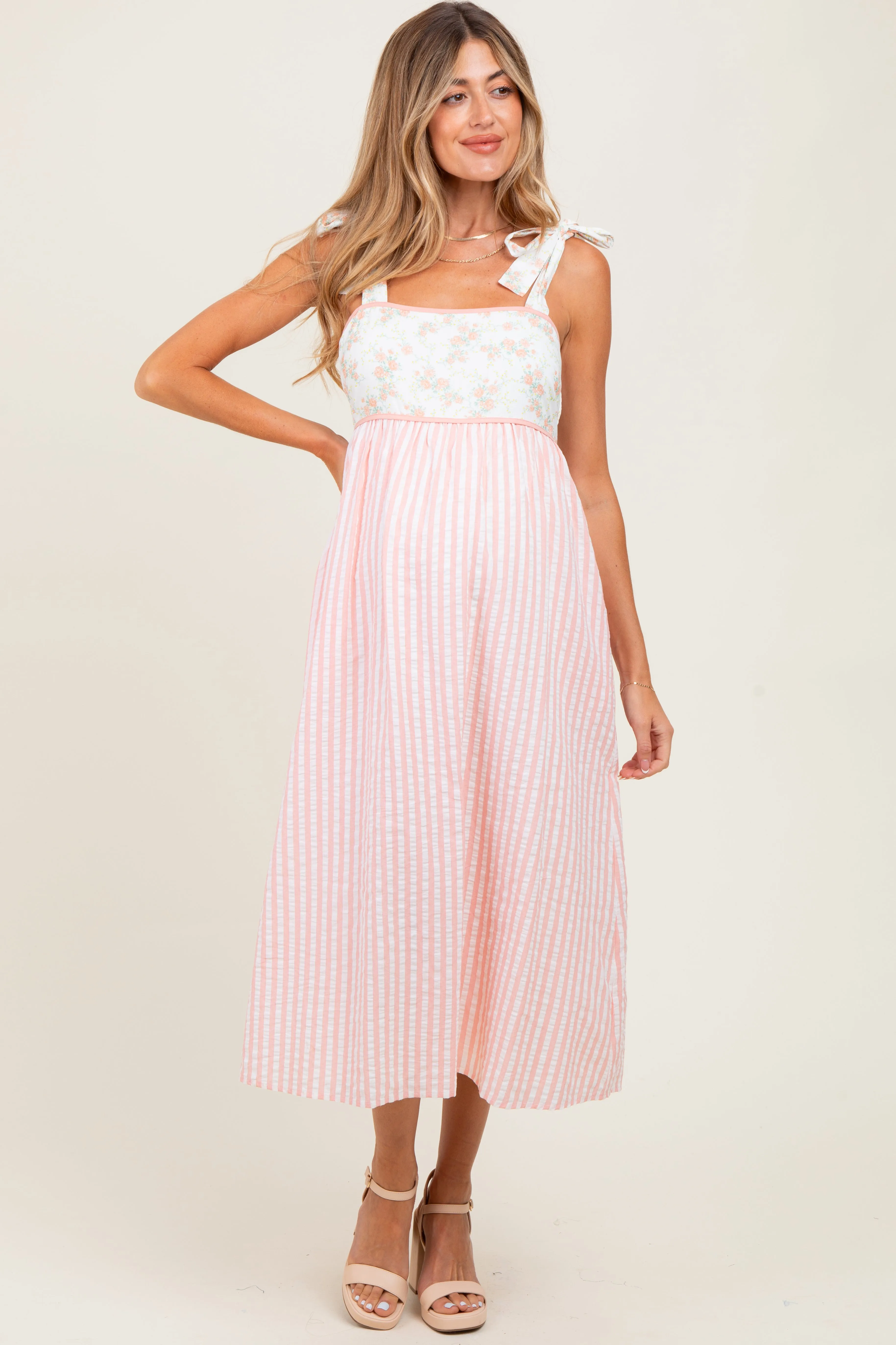 Peach Floral Contrast Stripe Shoulder Tie Maternity Midi Dress sold by Pinkblush