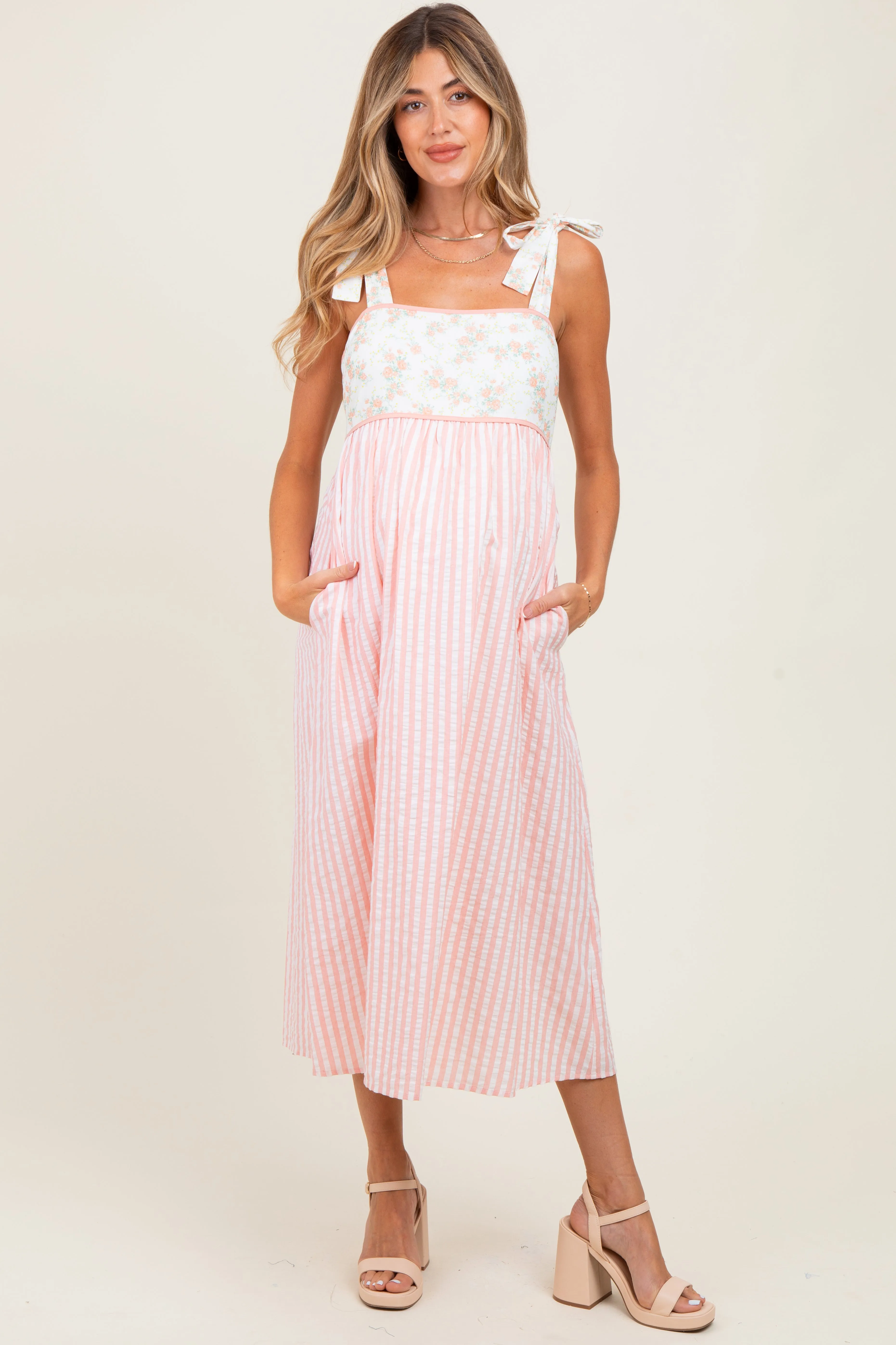Peach Floral Contrast Stripe Shoulder Tie Maternity Midi Dress sold by Pinkblush product image thumbnail 2