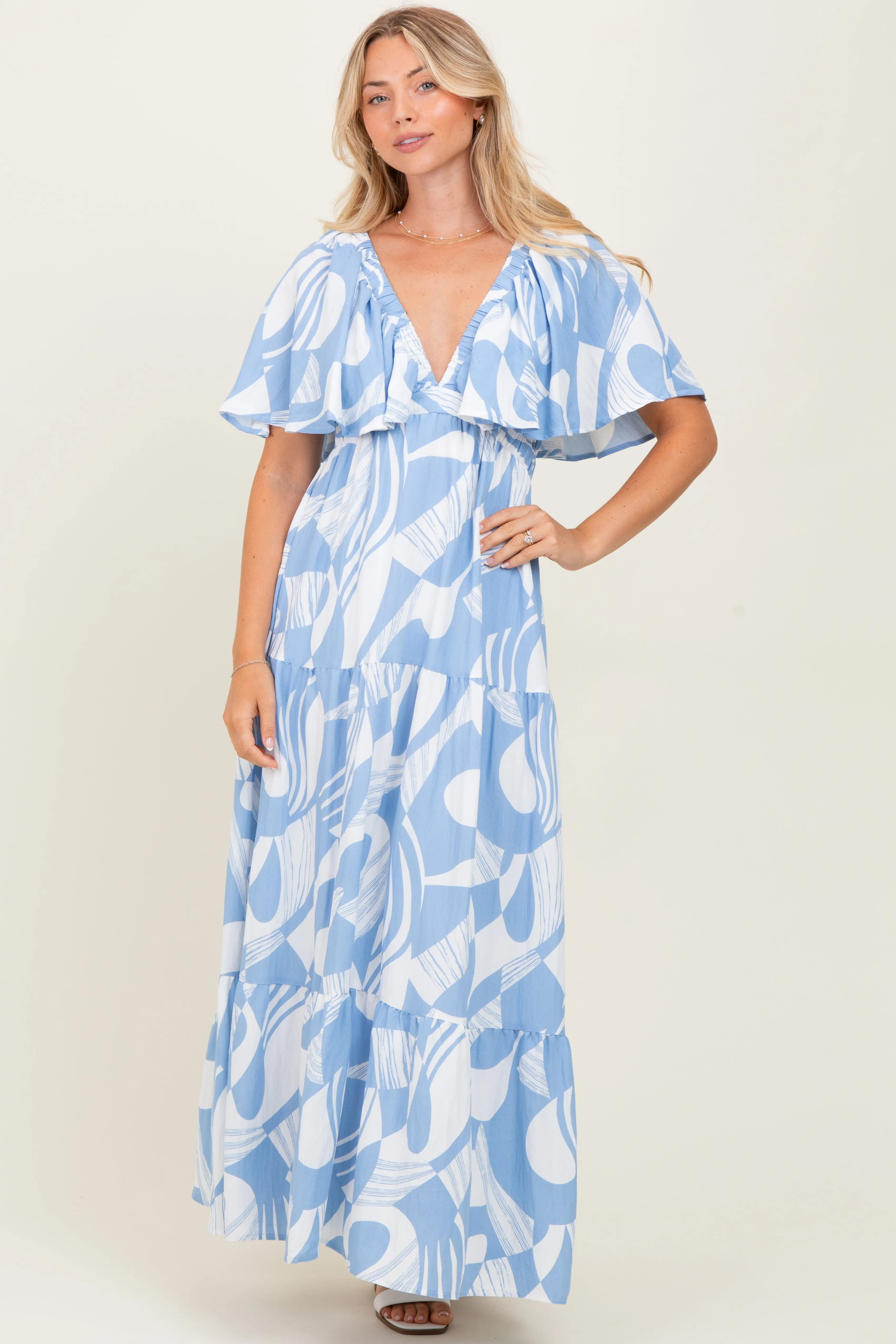 Blue Sleeveless Smocked Back Printed Maternity Maxi Dress sold by Pinkblush product image thumbnail 5