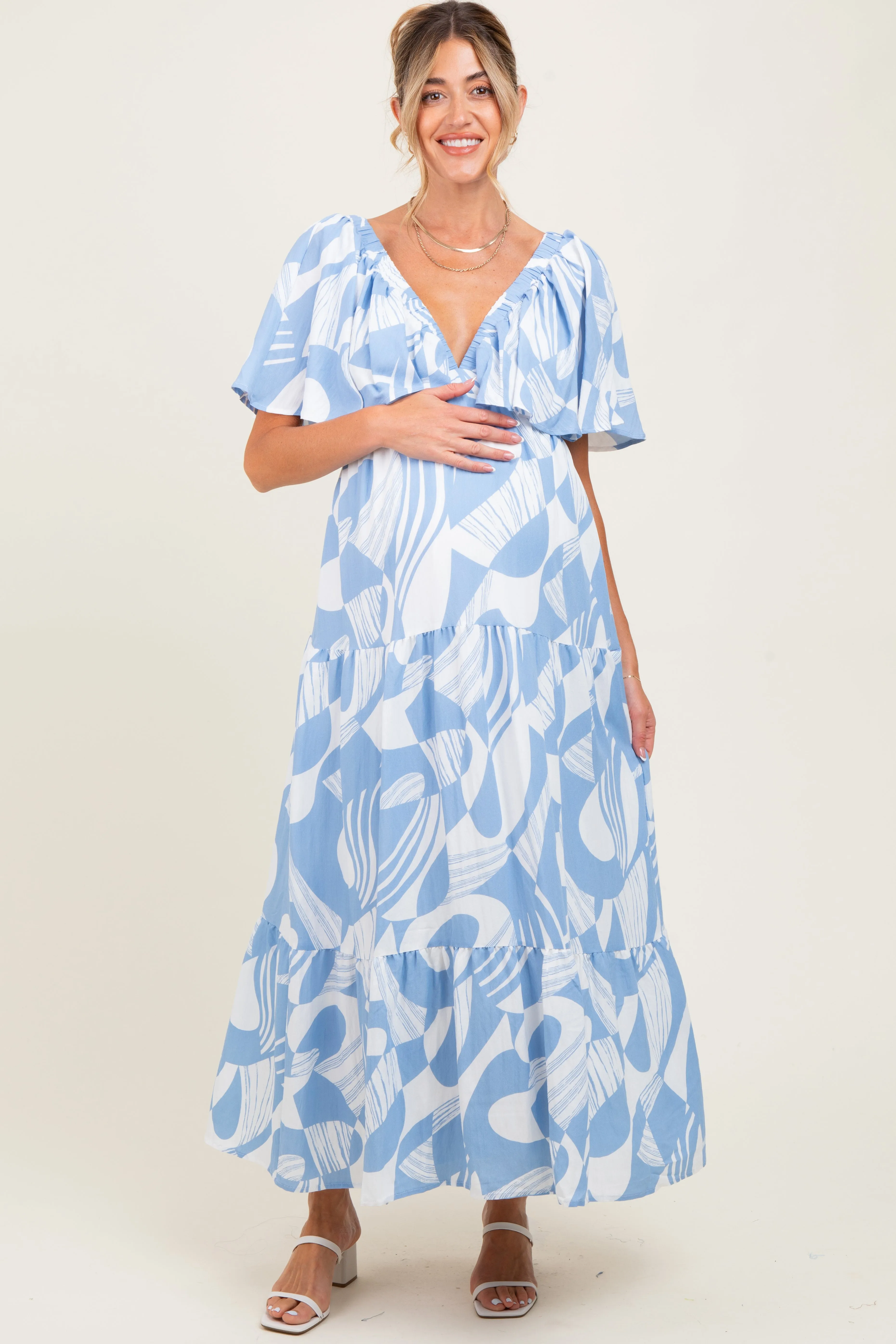 Blue Sleeveless Smocked Back Printed Maternity Maxi Dress sold by Pinkblush product image thumbnail 2