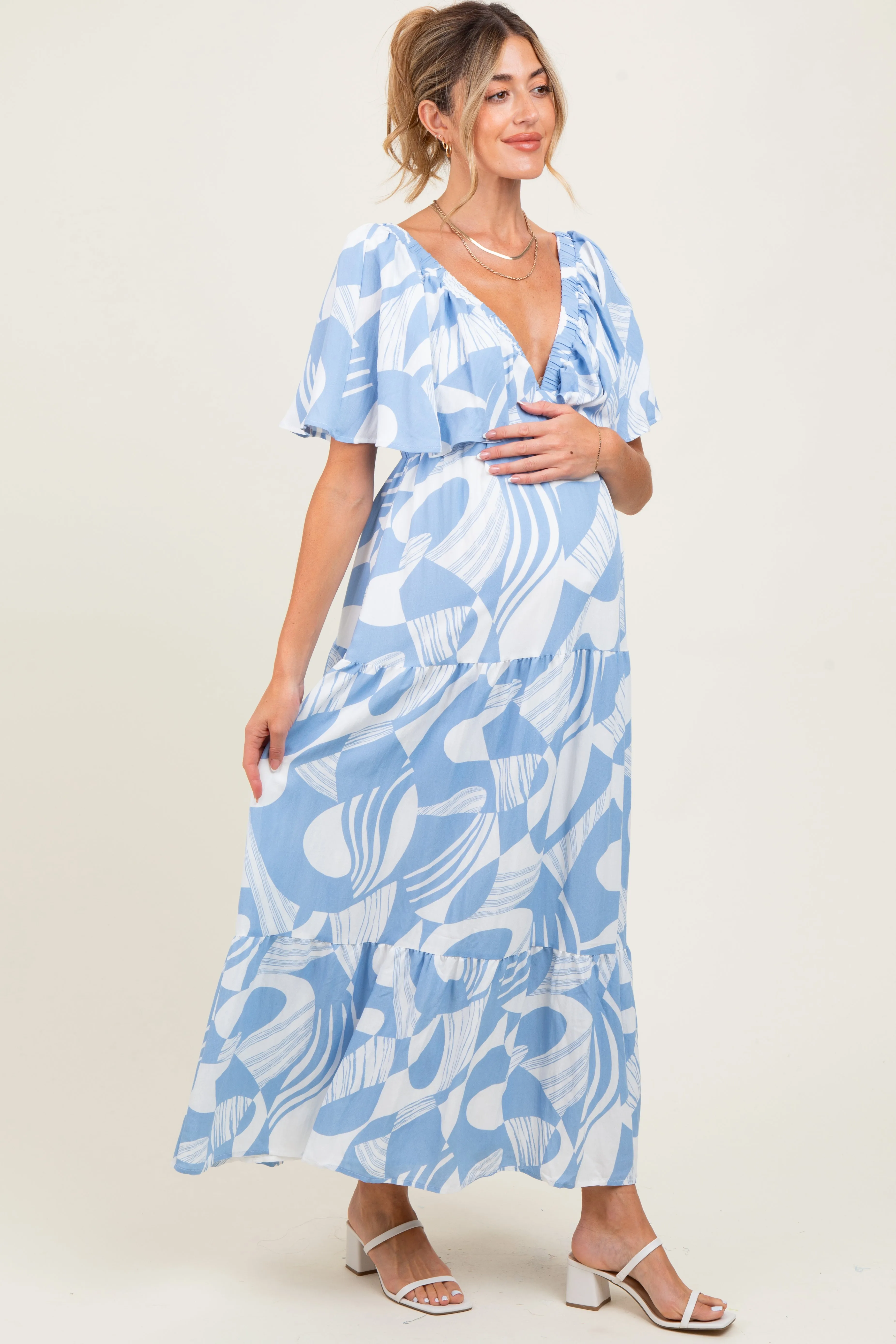 Blue Sleeveless Smocked Back Printed Maternity Maxi Dress sold by Pinkblush product image thumbnail 3
