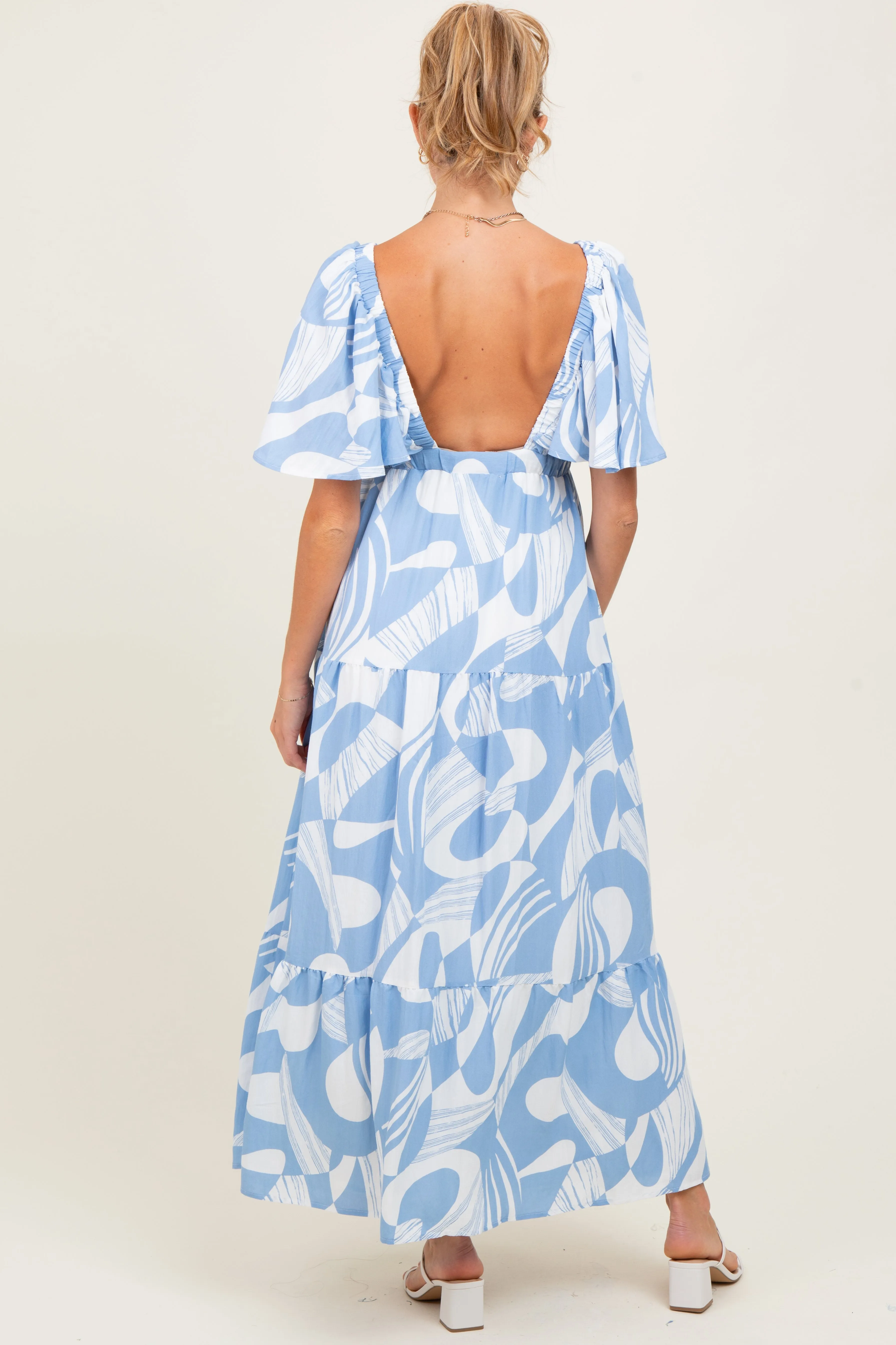 Blue Sleeveless Smocked Back Printed Maternity Maxi Dress sold by Pinkblush product image thumbnail 4