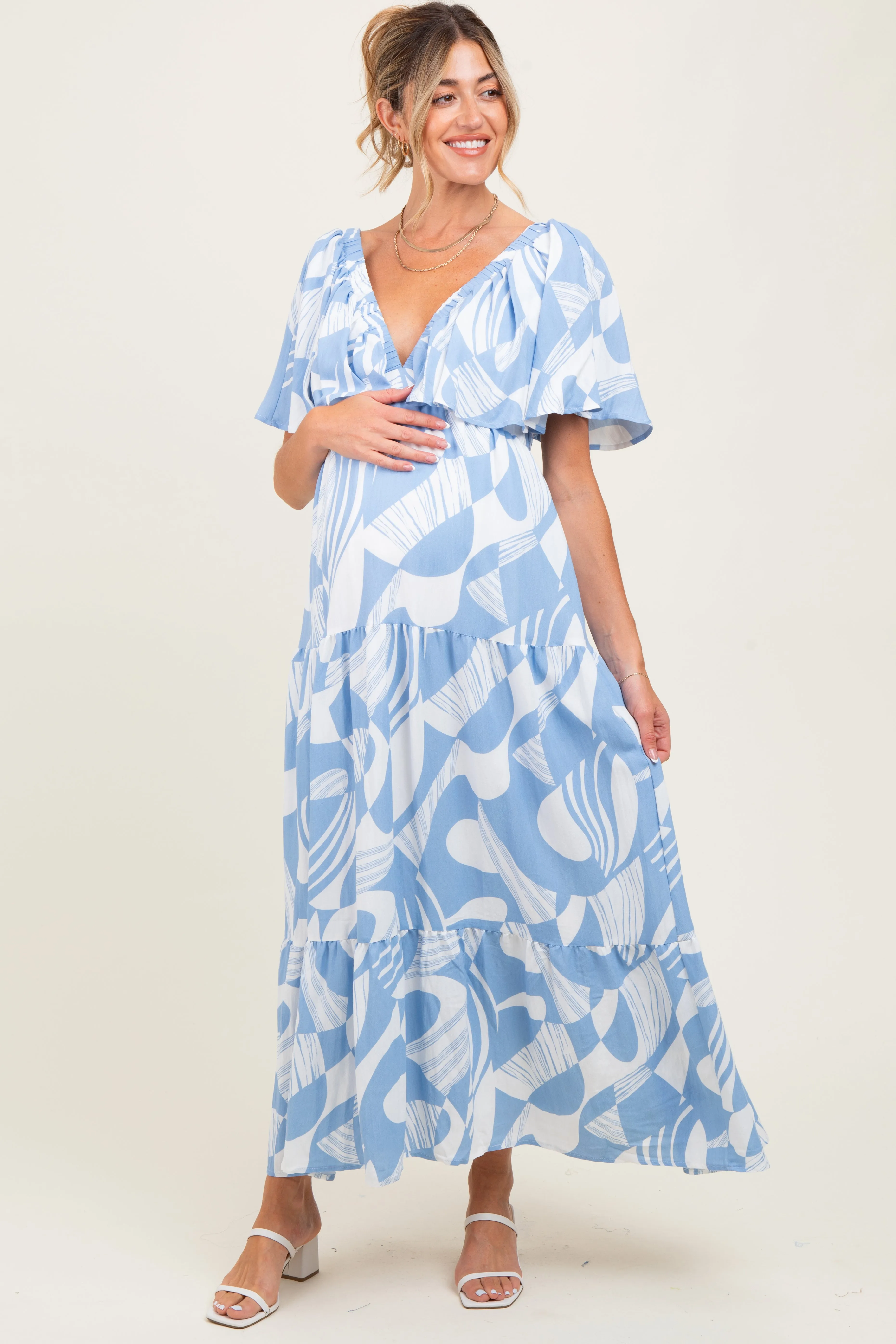 Blue Sleeveless Smocked Back Printed Maternity Maxi Dress sold by Pinkblush
