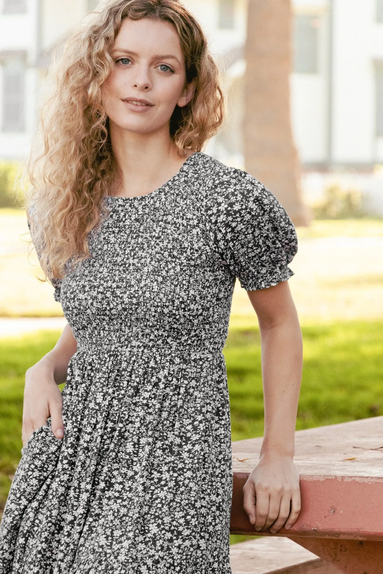 Black Floral Puff Sleeve Smocked Dress sold by Pinkblush product image thumbnail 2