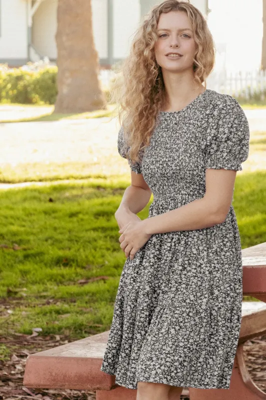 Black Floral Puff Sleeve Smocked Dress sold by Pinkblush