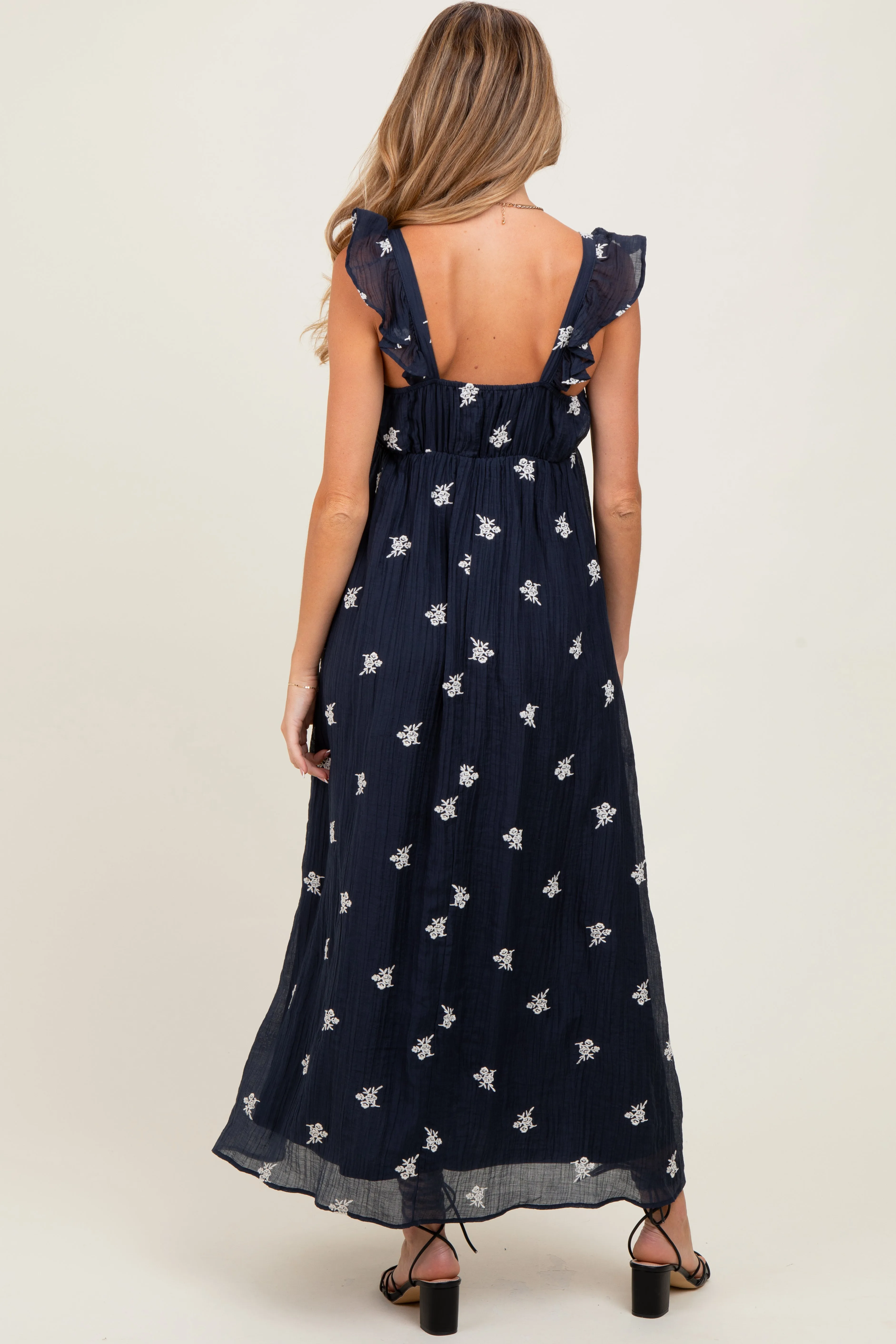 Navy Floral Embroidered V-Neck Maternity Midi Dress sold by Pinkblush product image thumbnail 3