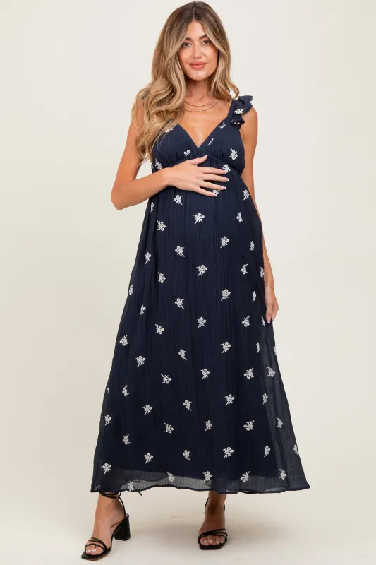 Navy Floral Embroidered V-Neck Maternity Midi Dress sold by Pinkblush