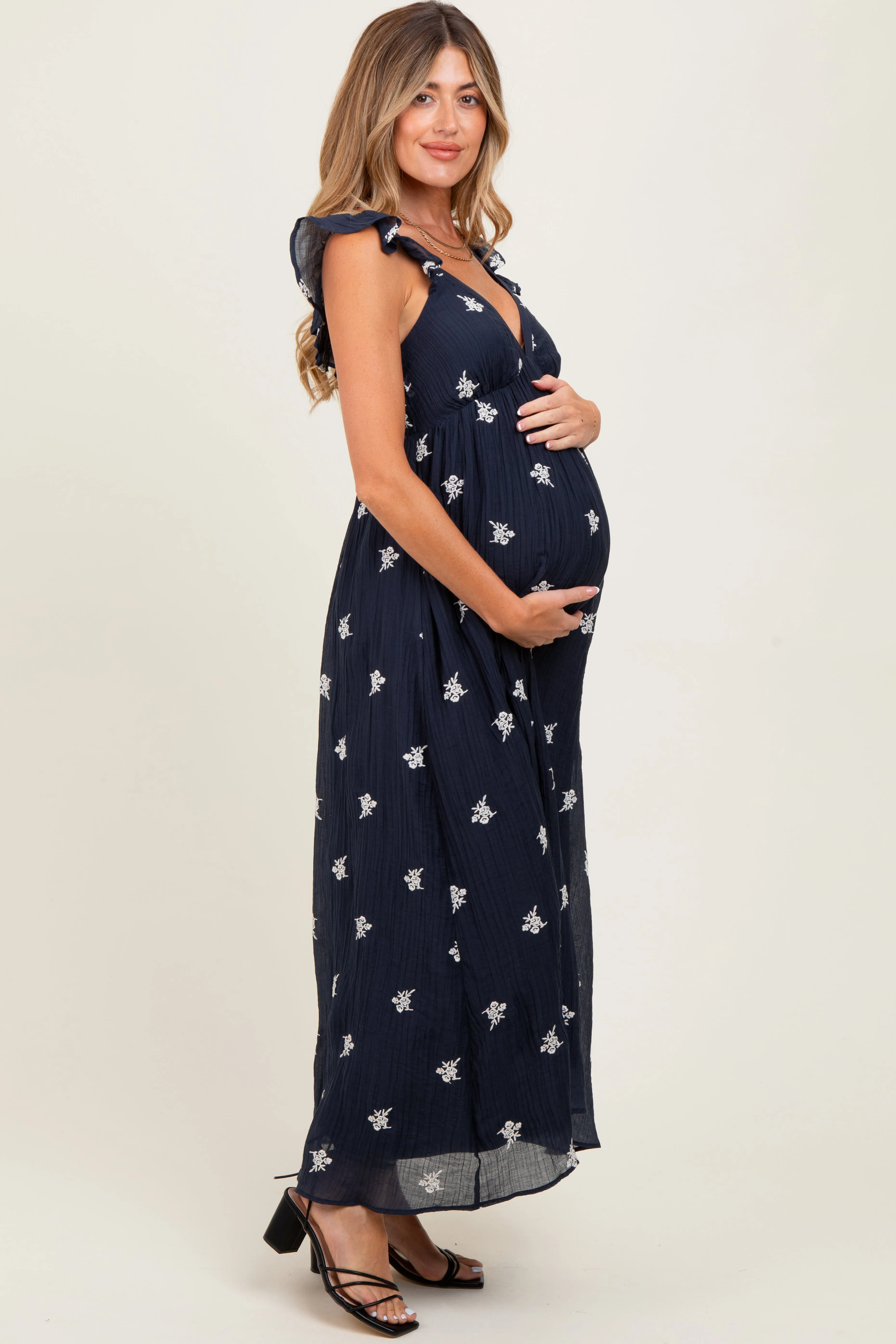 Navy Floral Embroidered V-Neck Maternity Midi Dress sold by Pinkblush product image thumbnail 2