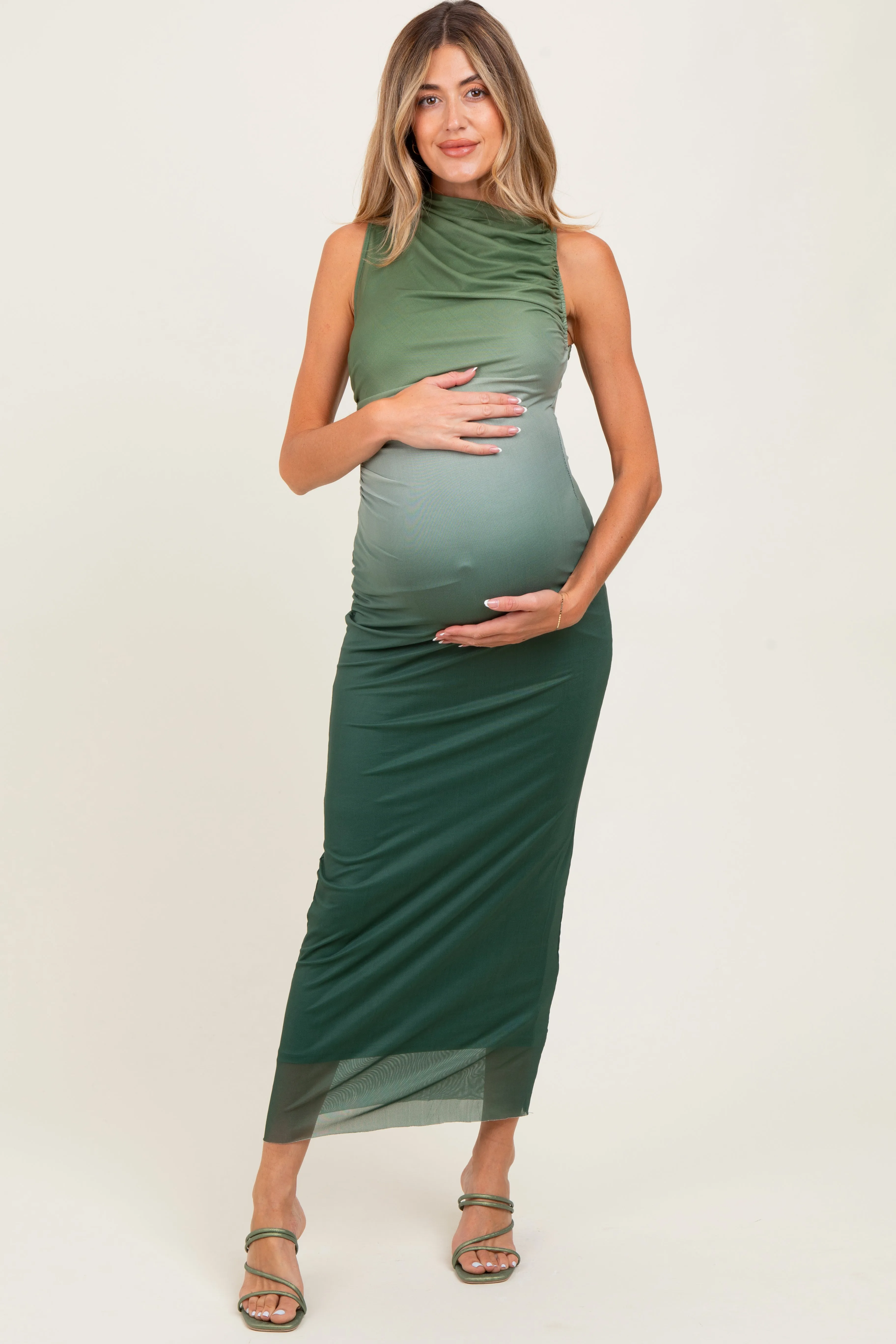 Forest Green Ombre Mesh Ruched Sleeveless Maternity Midi Dress sold by Pinkblush product image thumbnail 2