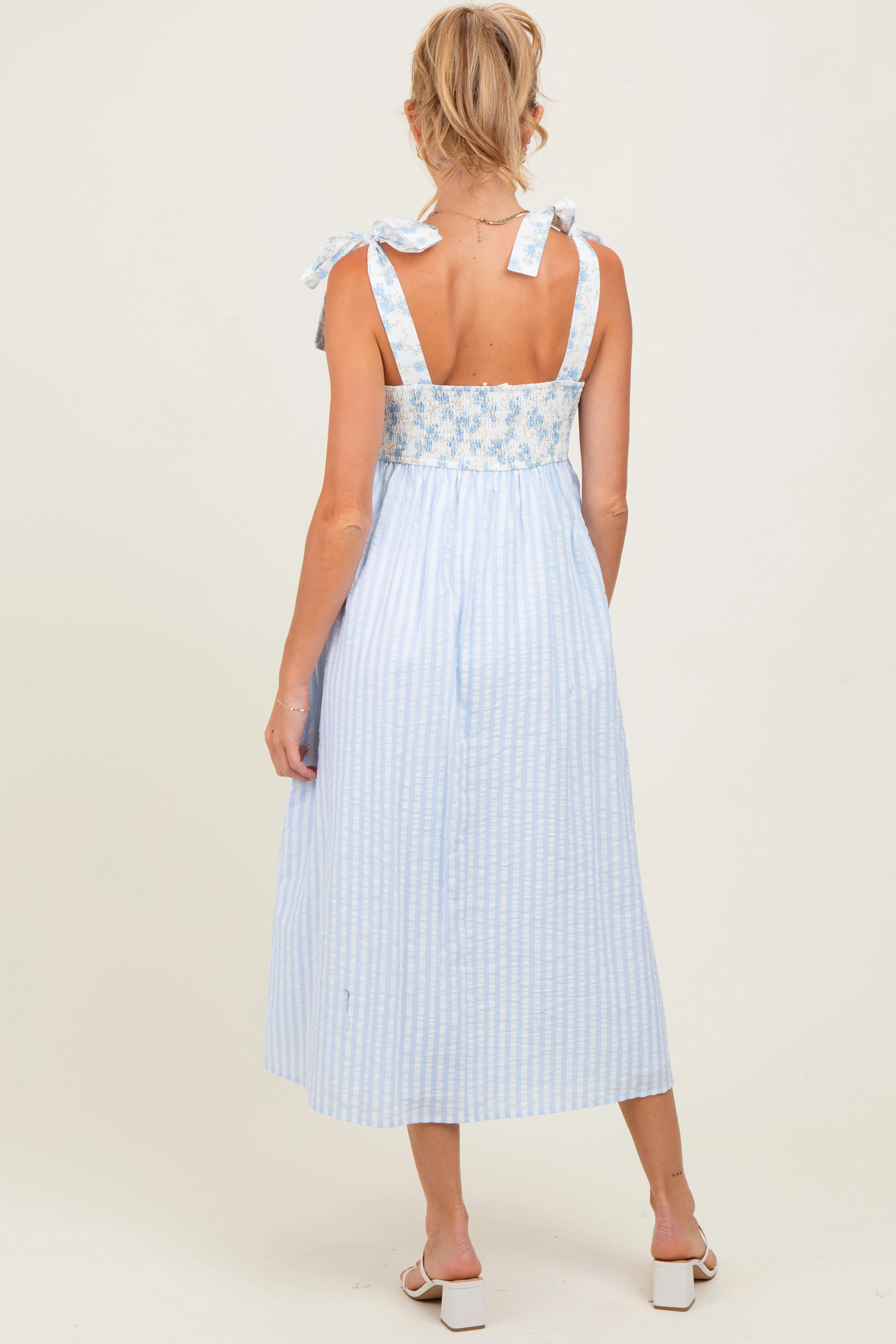 Light Blue Floral Contrast Stripe Shoulder Tie Maternity Midi Dress sold by Pinkblush product image thumbnail 4