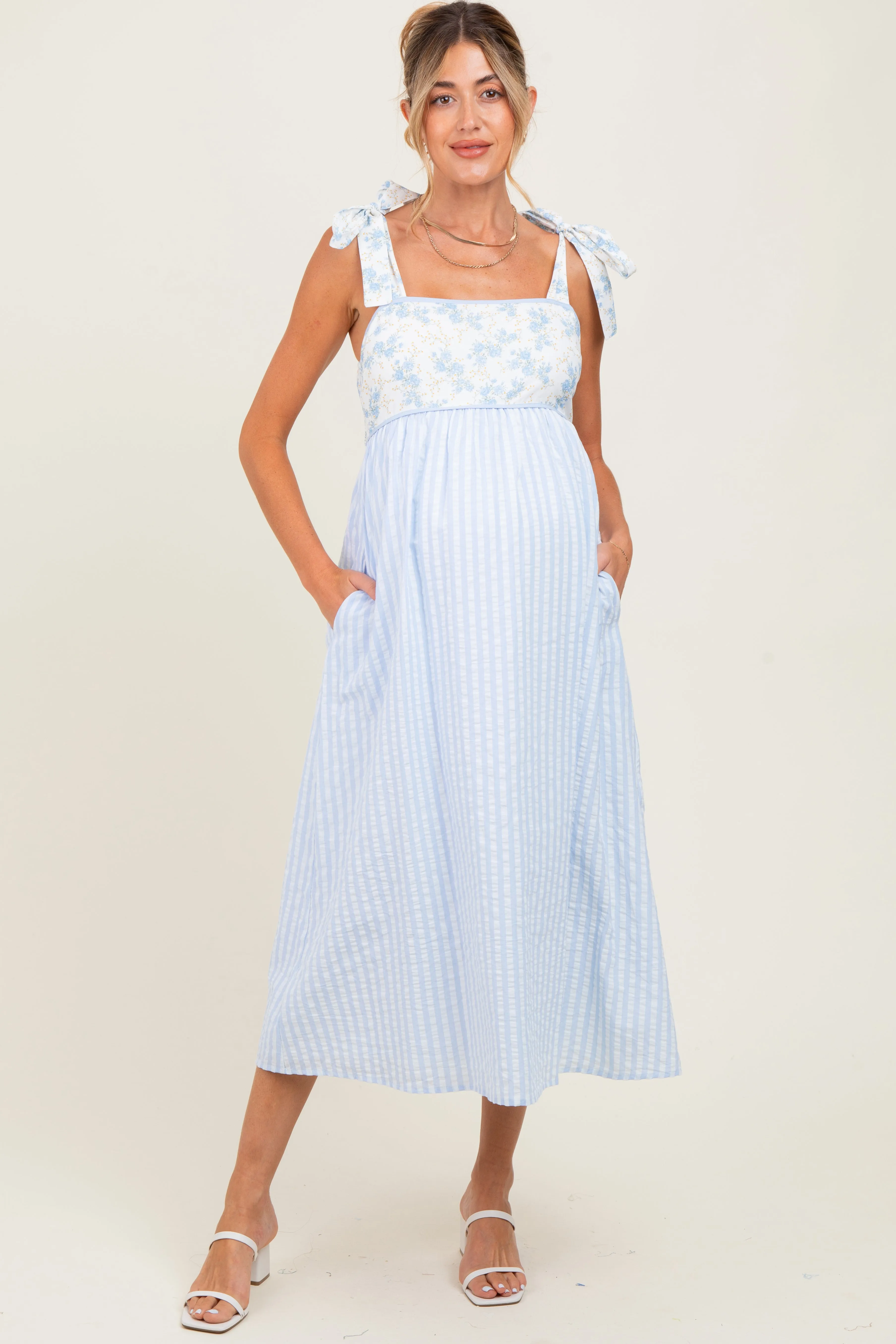 Light Blue Floral Contrast Stripe Shoulder Tie Maternity Midi Dress sold by Pinkblush