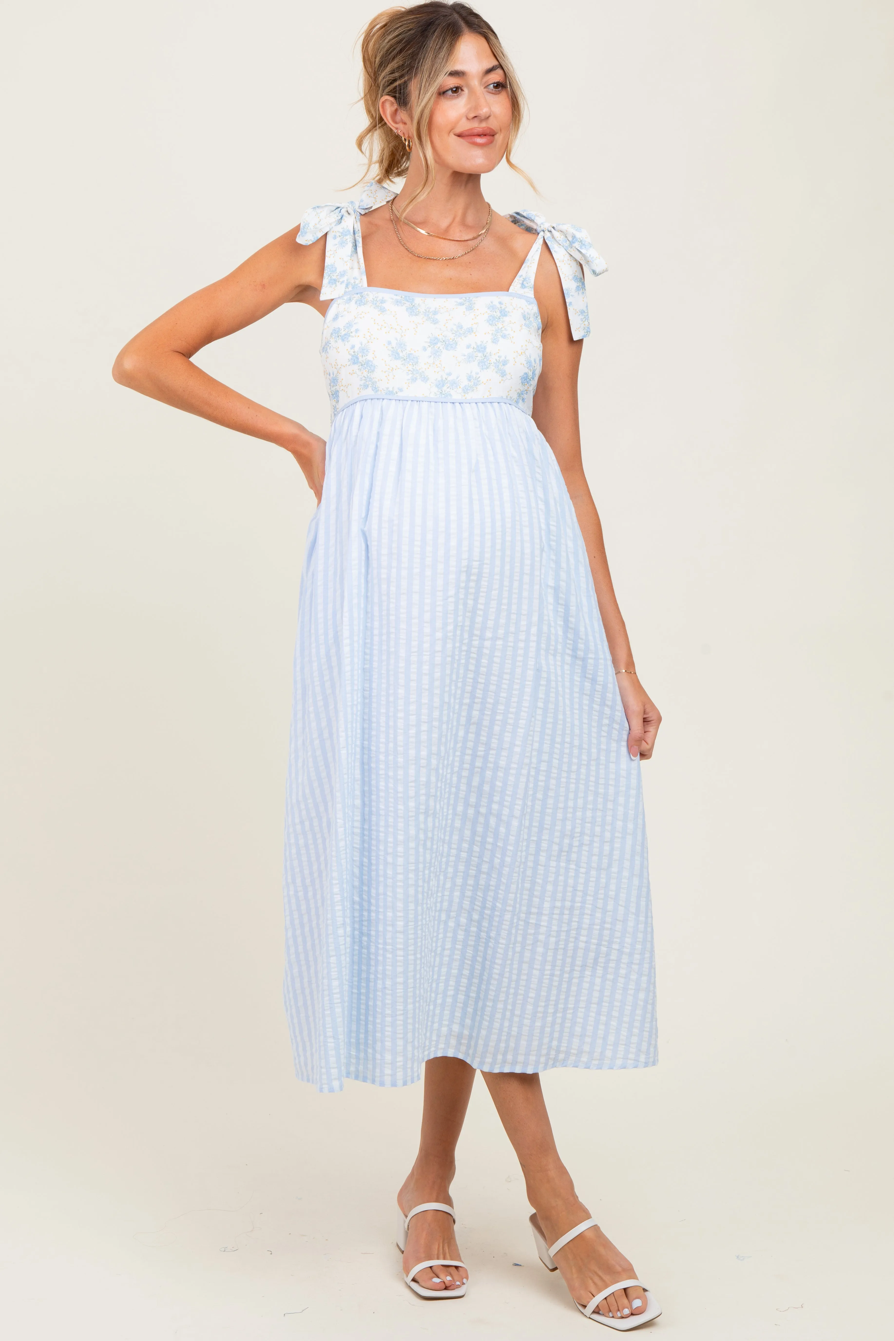 Light Blue Floral Contrast Stripe Shoulder Tie Maternity Midi Dress sold by Pinkblush product image thumbnail 2