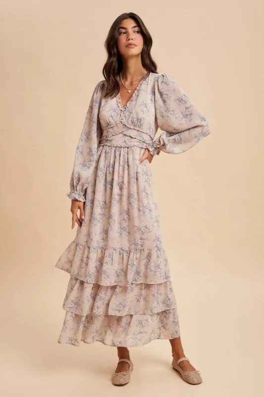 Light Pink Vintage Floral Ruffle Tiered Hem Maxi Dress sold by Pinkblush