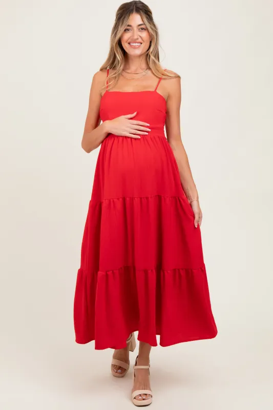 Red Tiered Cutout Tie Back Maternity Midi Dress sold by Pinkblush