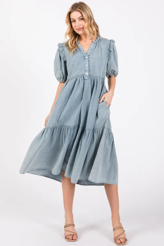 Blue Denim Button Front Short Sleeve Tiered Midi Dress sold by Pinkblush