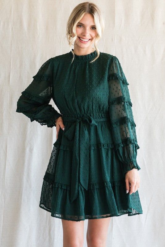 Hunter Green Swiss Dot Frilled Layer Dress sold by Pinkblush