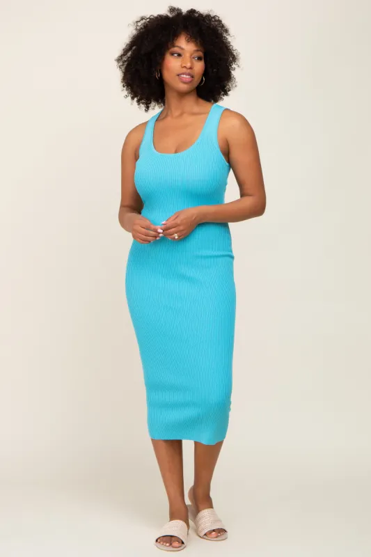Aqua Ribbed Low Back Cut Out Sleeveless Midi Dress sold by Pinkblush