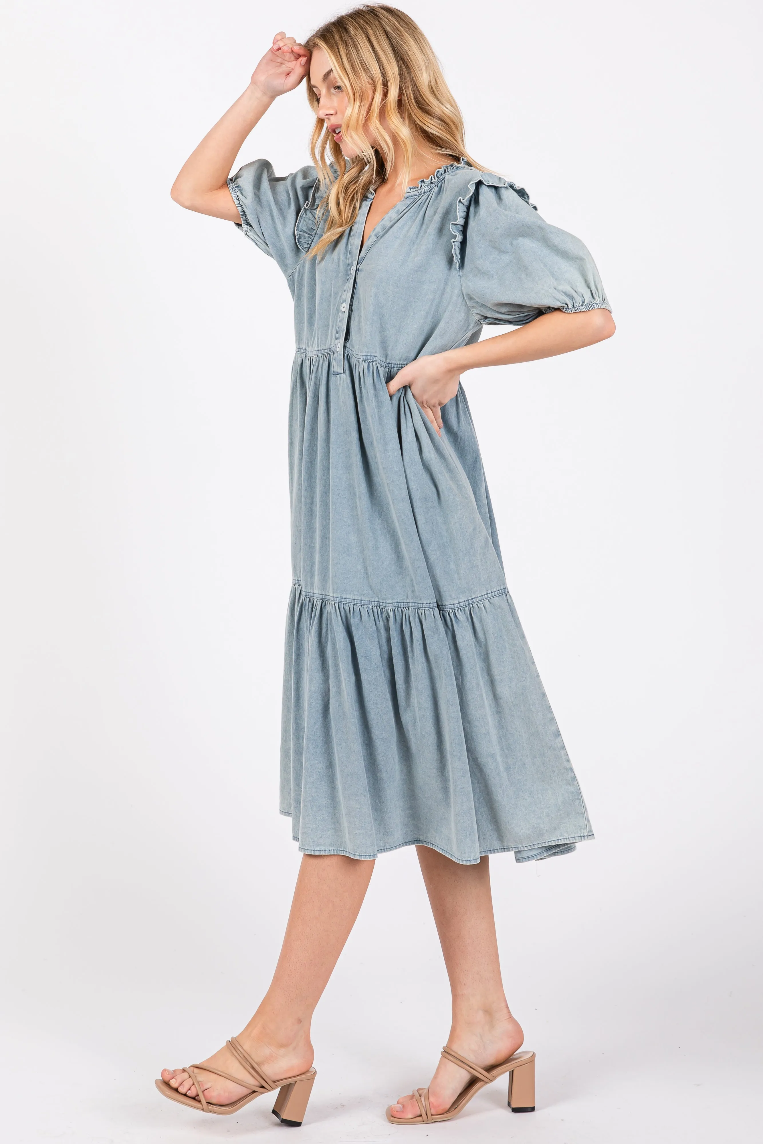 Blue Denim Button Front Short Sleeve Tiered Midi Dress sold by Pinkblush product image thumbnail 2
