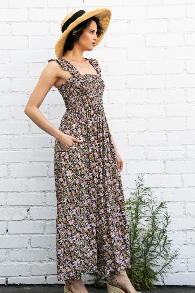Black Sleeveless Floral Smocked Ruffle Jumpsuit sold by Pinkblush product image thumbnail 2