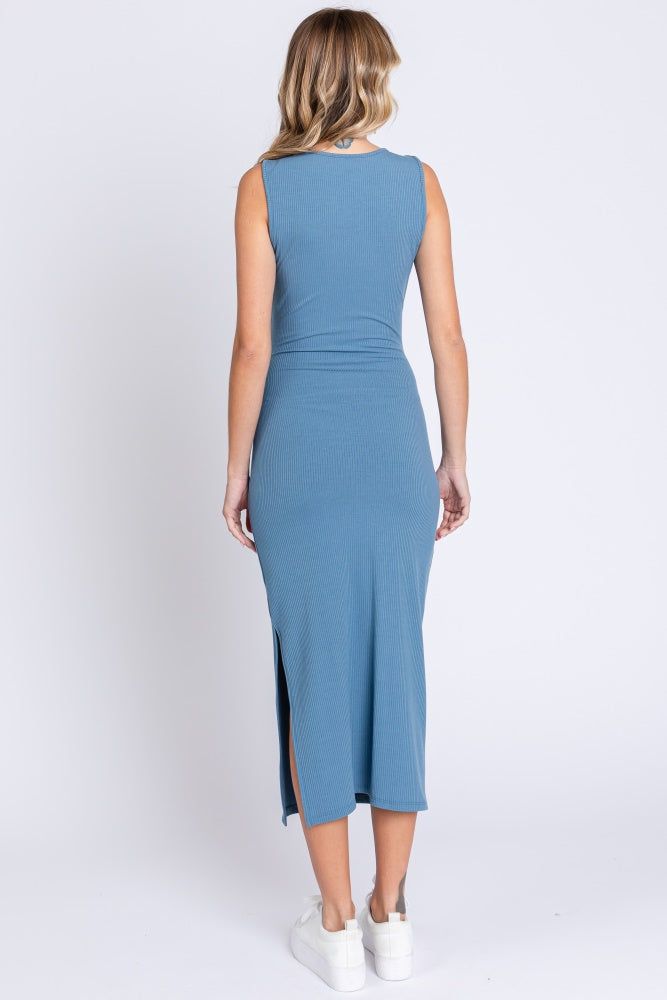 Blue Rib Knit Side Tie Midi Dress sold by Pinkblush product image thumbnail 3