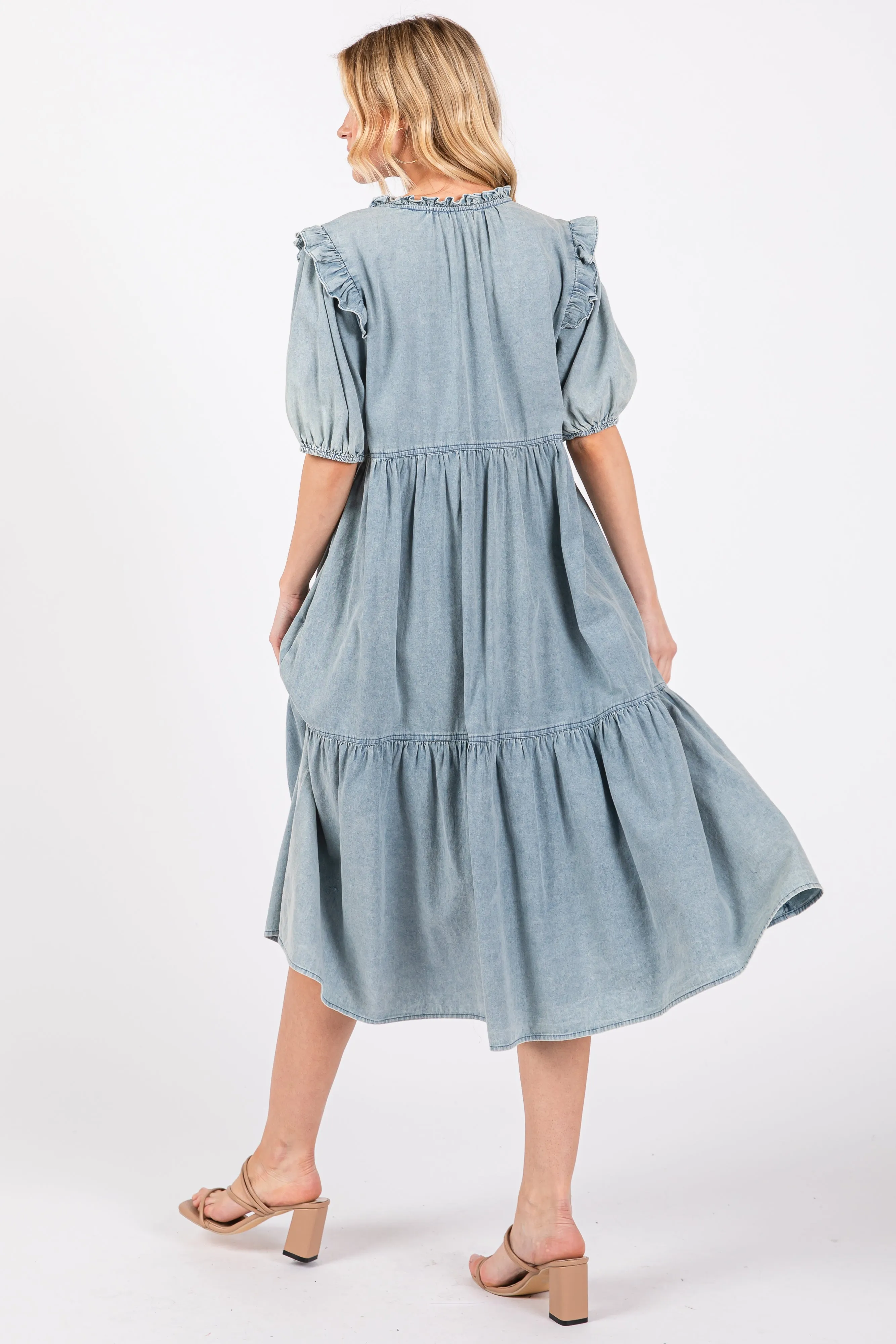 Blue Denim Button Front Short Sleeve Tiered Midi Dress sold by Pinkblush product image thumbnail 3
