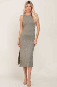 Light Olive Ribbed Cutout Shoulder Side Slit Midi Dress sold by Pinkblush