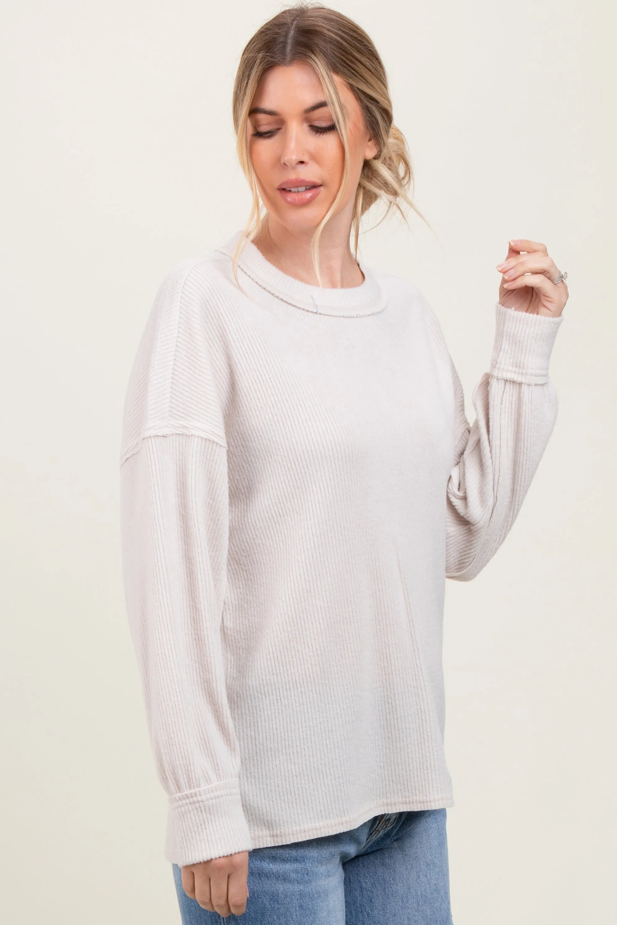 Beige Brushed Ribbed Knit Pullover sold by Pinkblush product image thumbnail 3