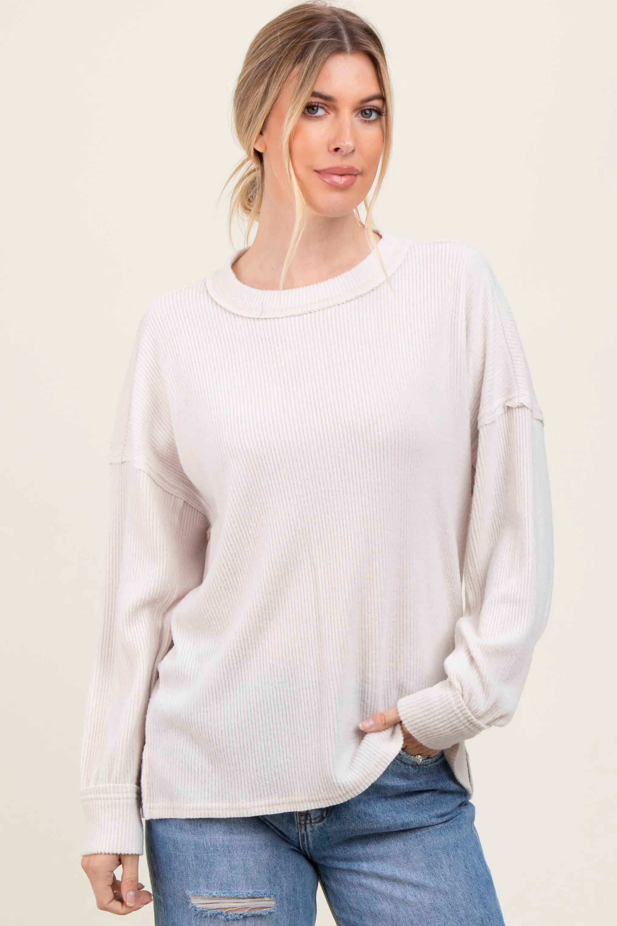 Beige Brushed Ribbed Knit Maternity Pullover sold by Pinkblush product image thumbnail 4