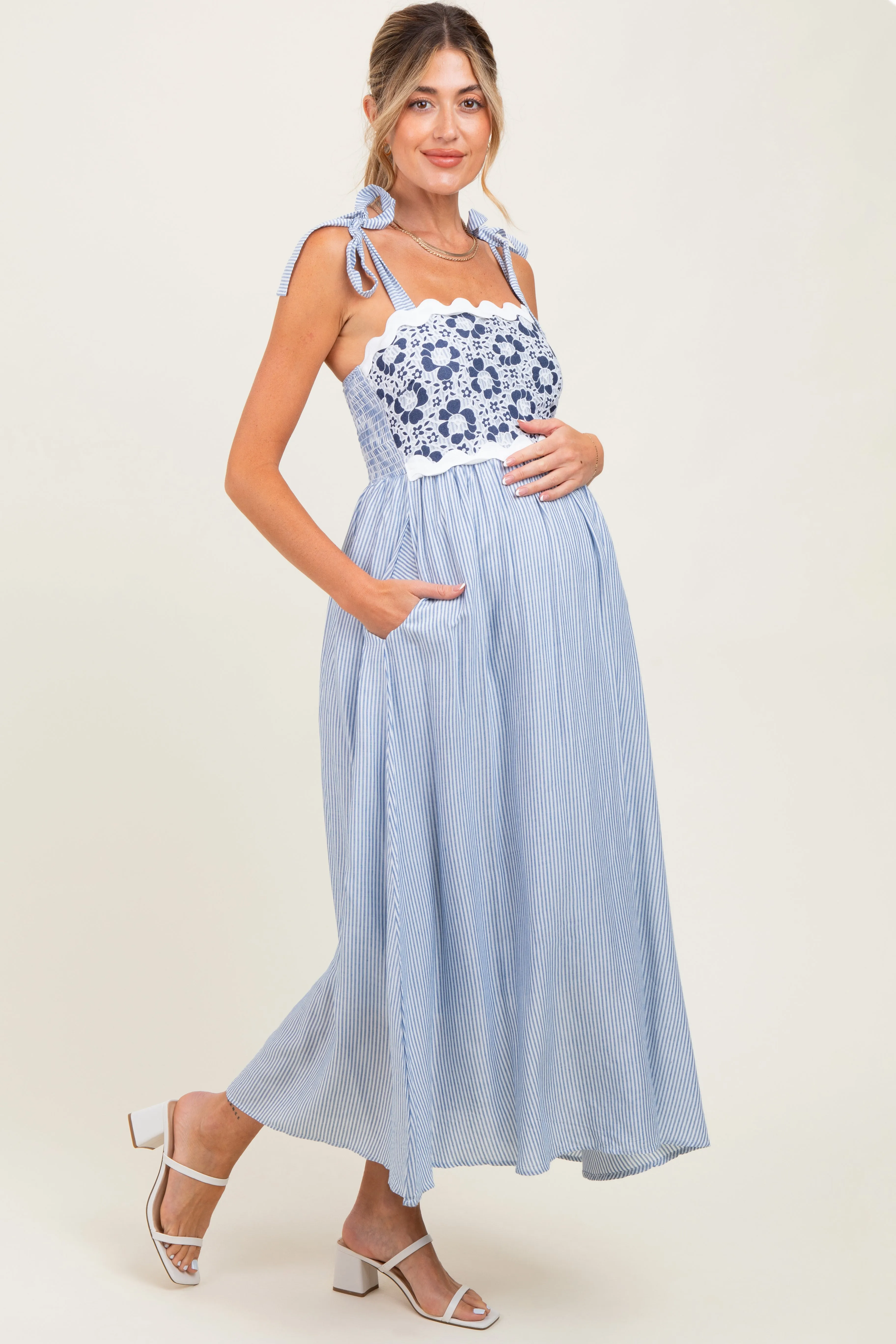 Blue Striped Floral Lace Sleeveless Maternity Midi Dress sold by Pinkblush product image thumbnail 2