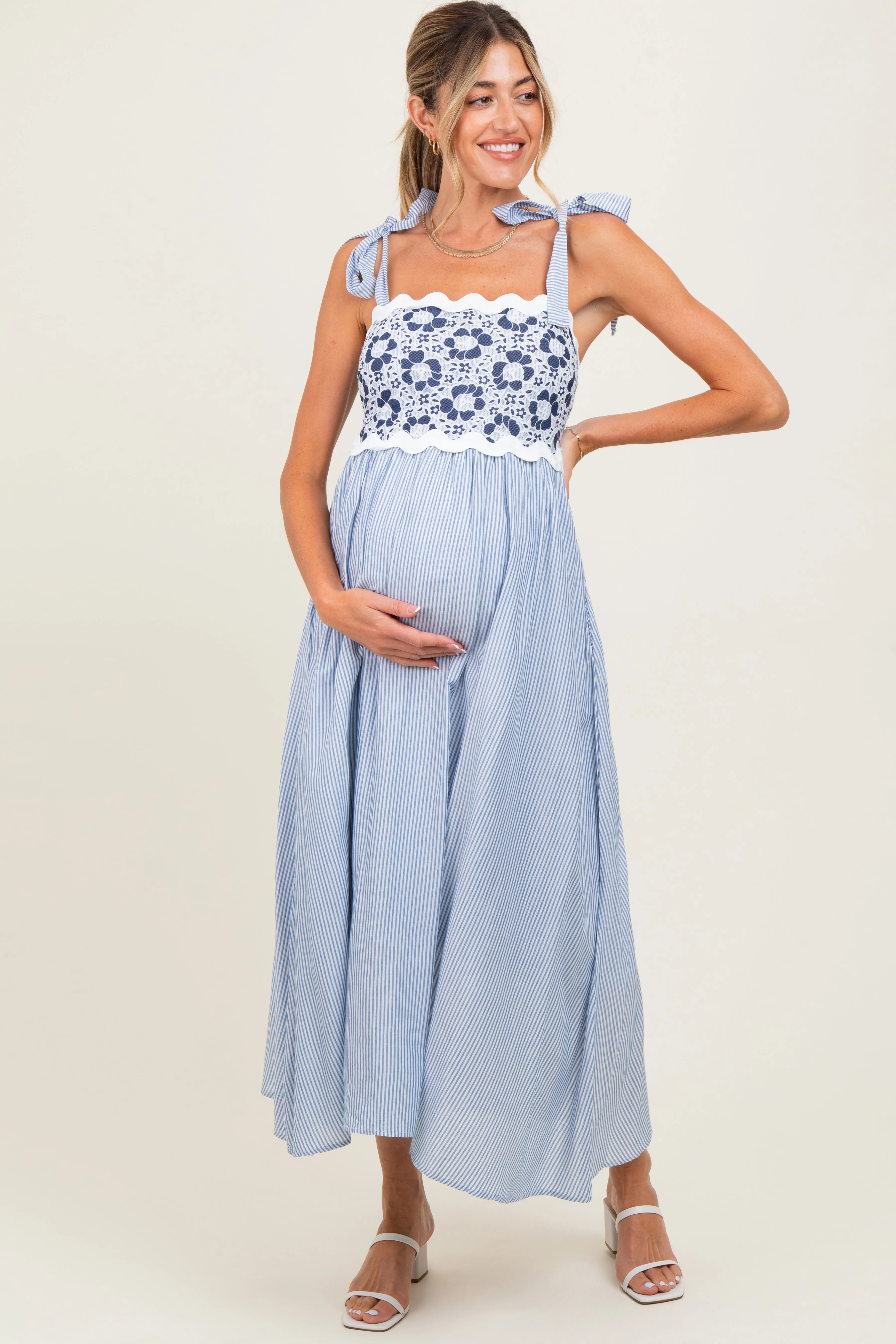 Blue Striped Floral Lace Sleeveless Maternity Midi Dress sold by Pinkblush