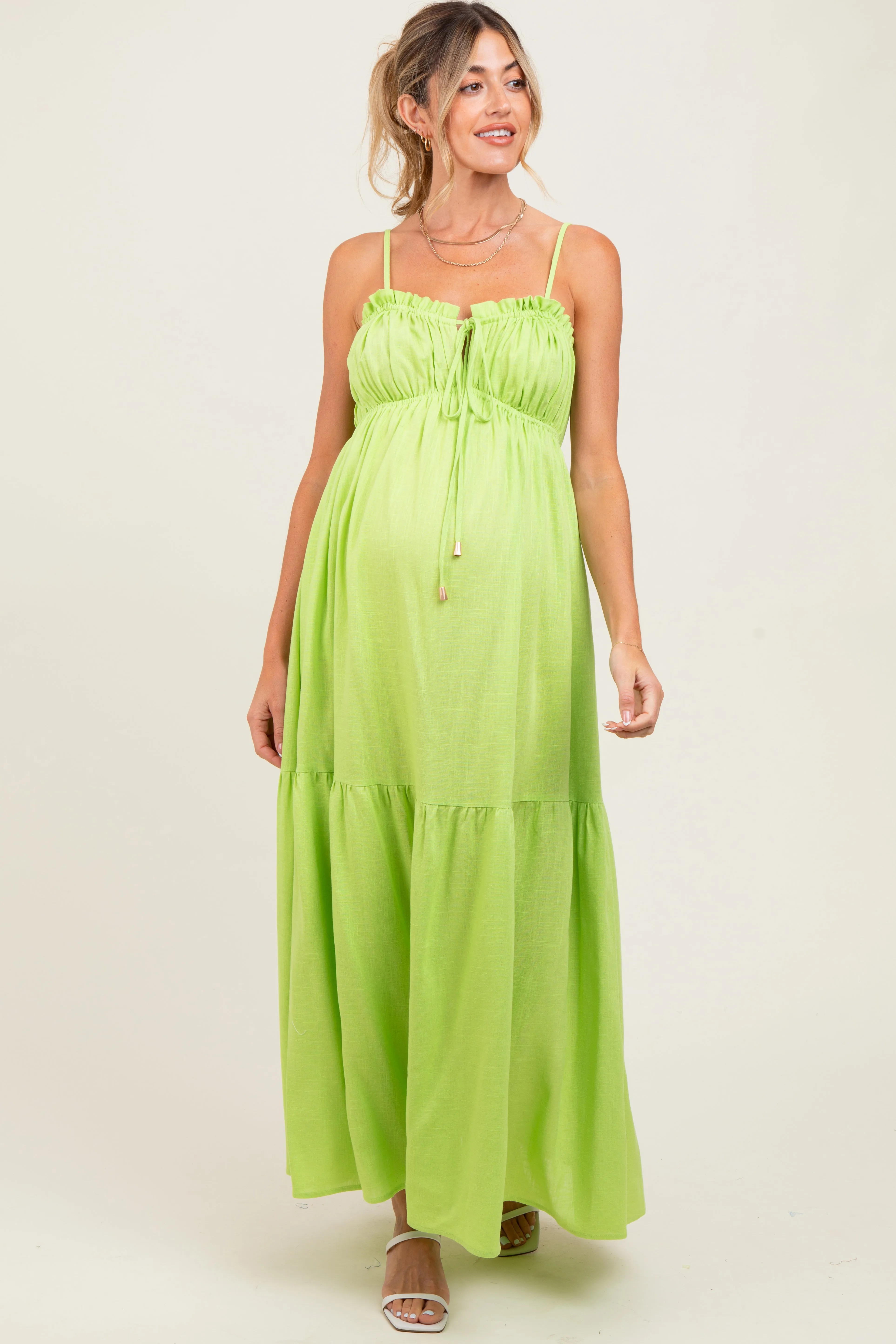 Lime Gathered Front Tie Maternity Maxi Dress sold by Pinkblush