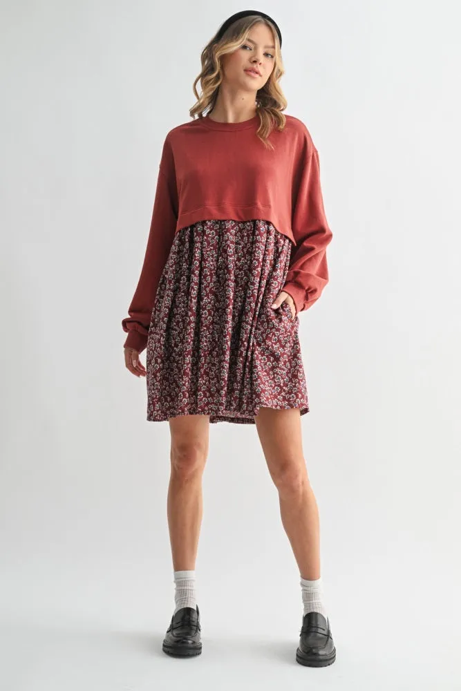 Burgundy Floral Sweatshirt Contrast Maternity Dress sold by Pinkblush product image thumbnail 4