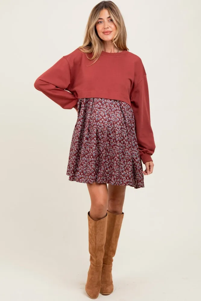 Burgundy Floral Sweatshirt Contrast Maternity Dress sold by Pinkblush