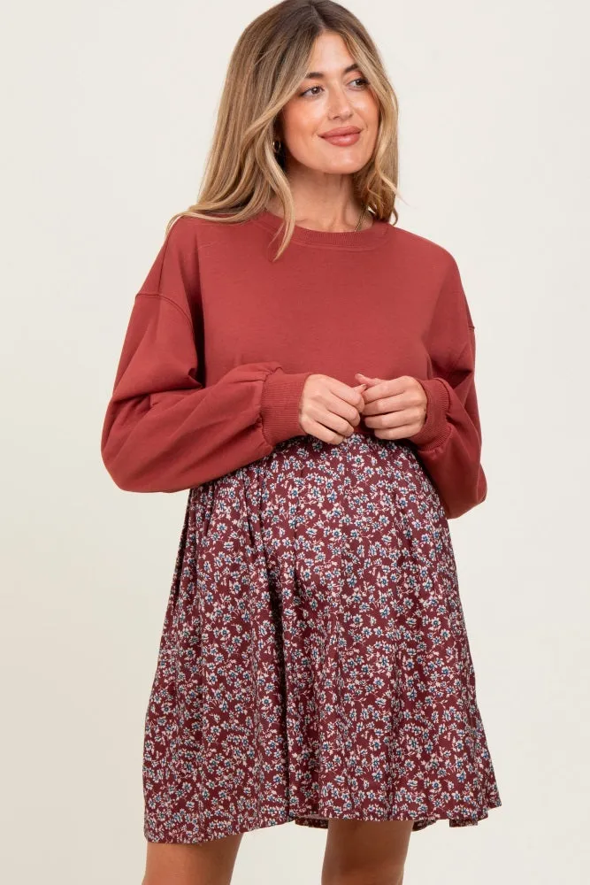 Burgundy Floral Sweatshirt Contrast Maternity Dress sold by Pinkblush product image thumbnail 2