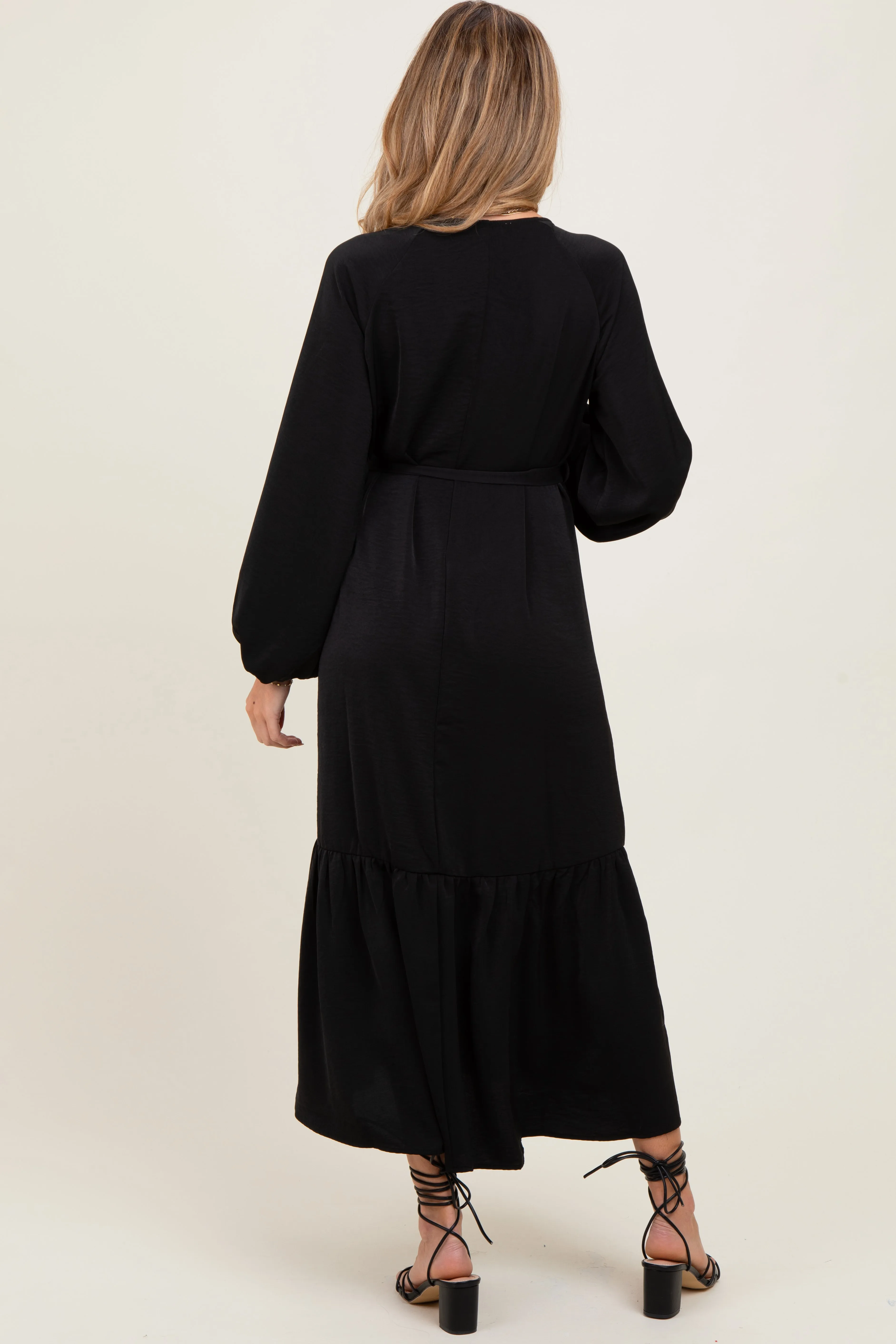 Black Elegant Long Sleeve Waist Tie Maternity Midi Dress sold by Pinkblush product image thumbnail 3