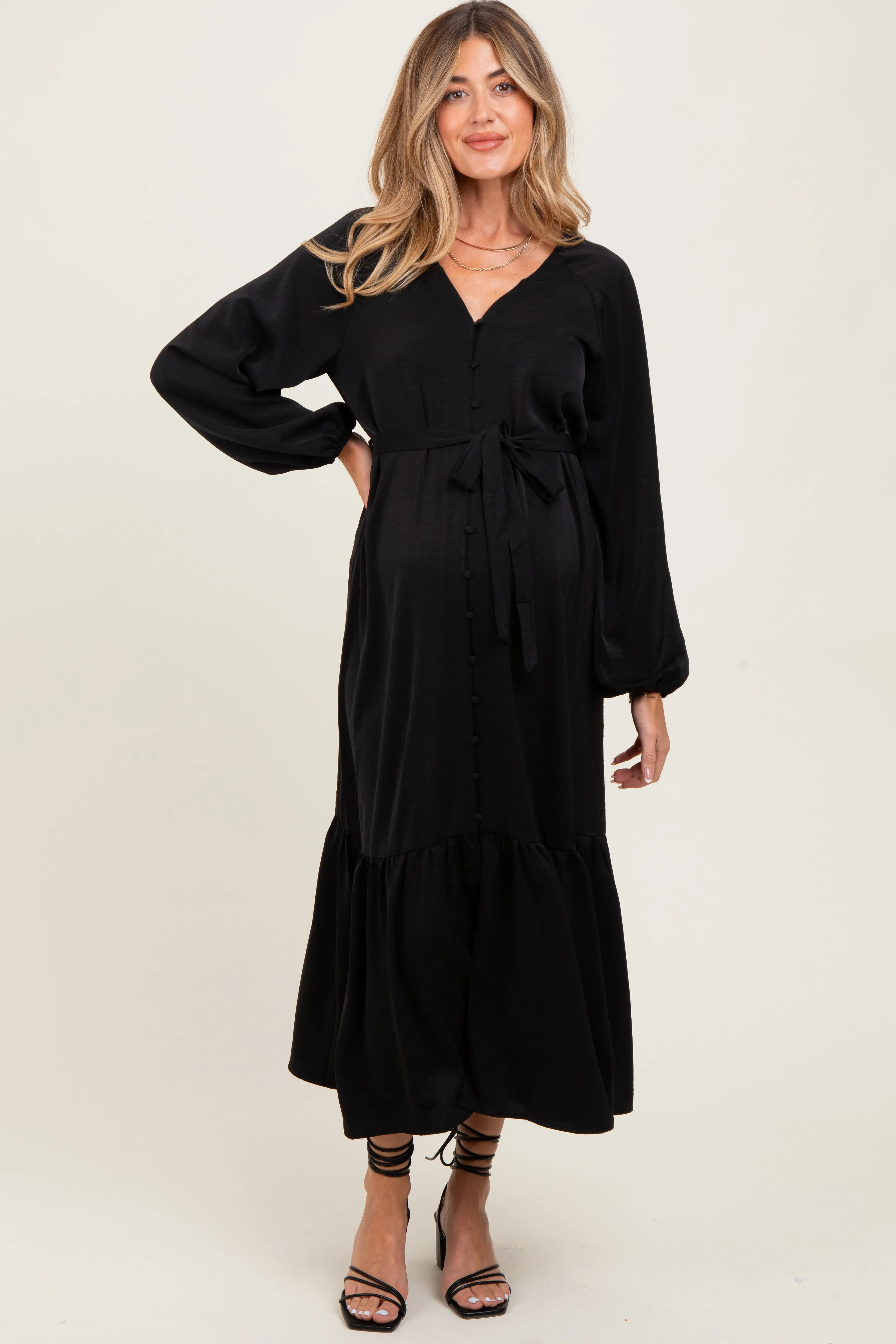 Black Elegant Long Sleeve Waist Tie Maternity Midi Dress sold by Pinkblush