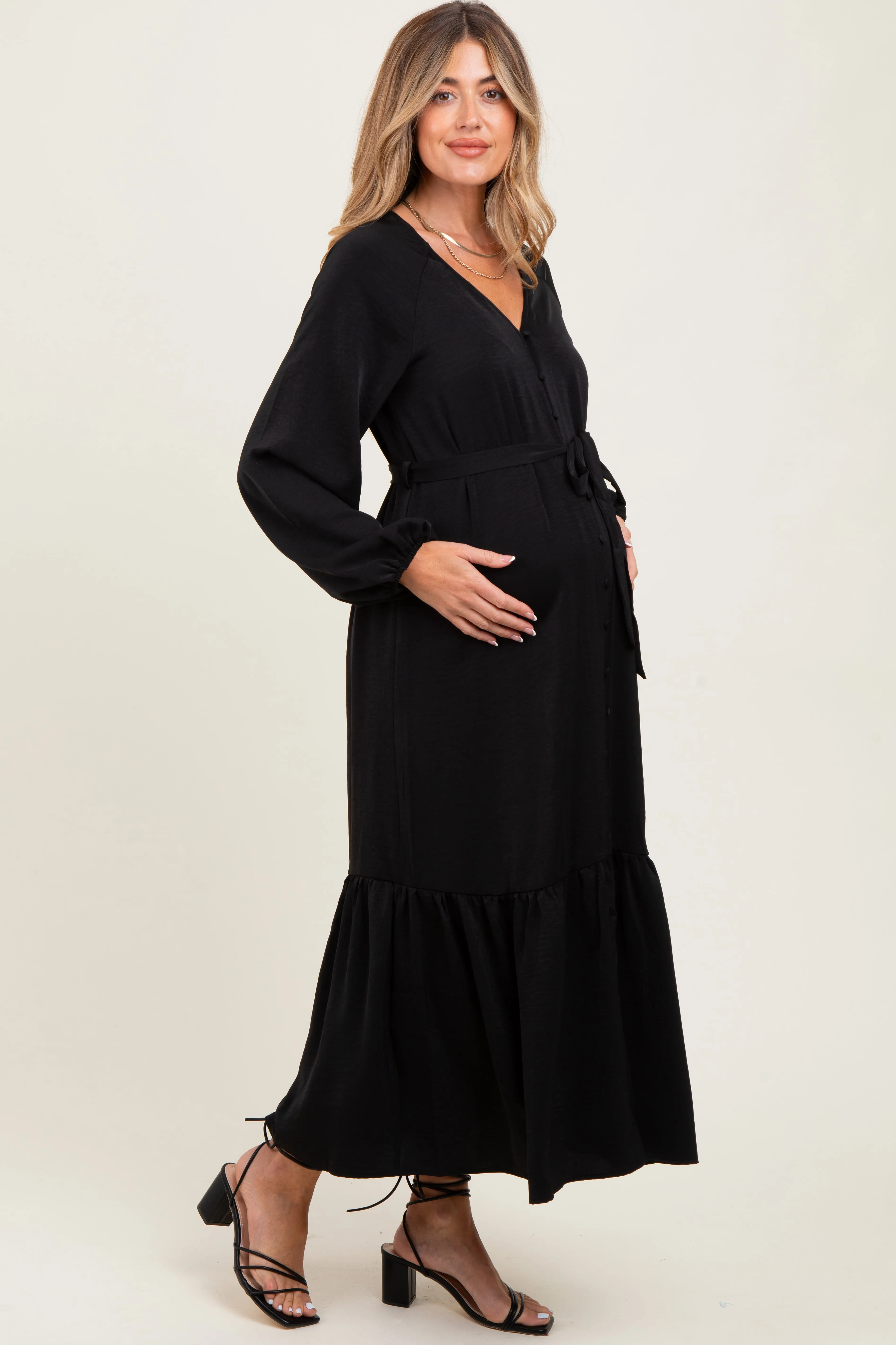 Black Elegant Long Sleeve Waist Tie Maternity Midi Dress sold by Pinkblush product image thumbnail 2
