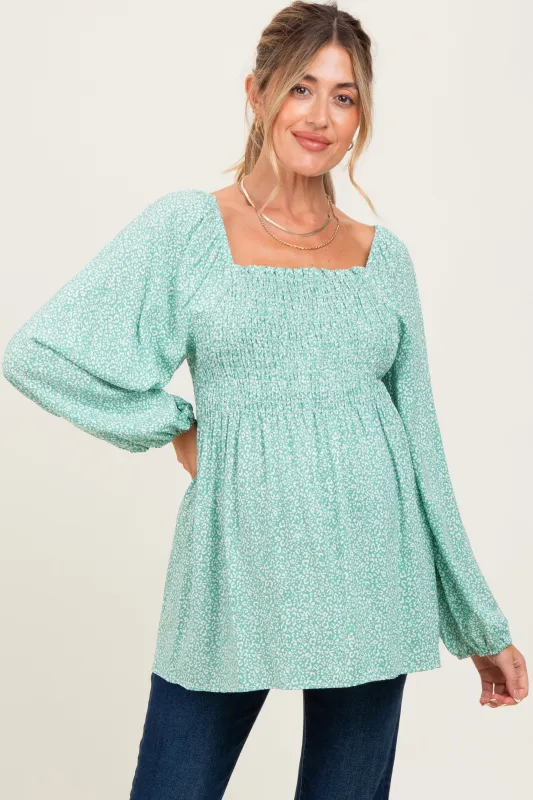 Sage Floral Smocked Long Sleeve Maternity Top sold by Pinkblush