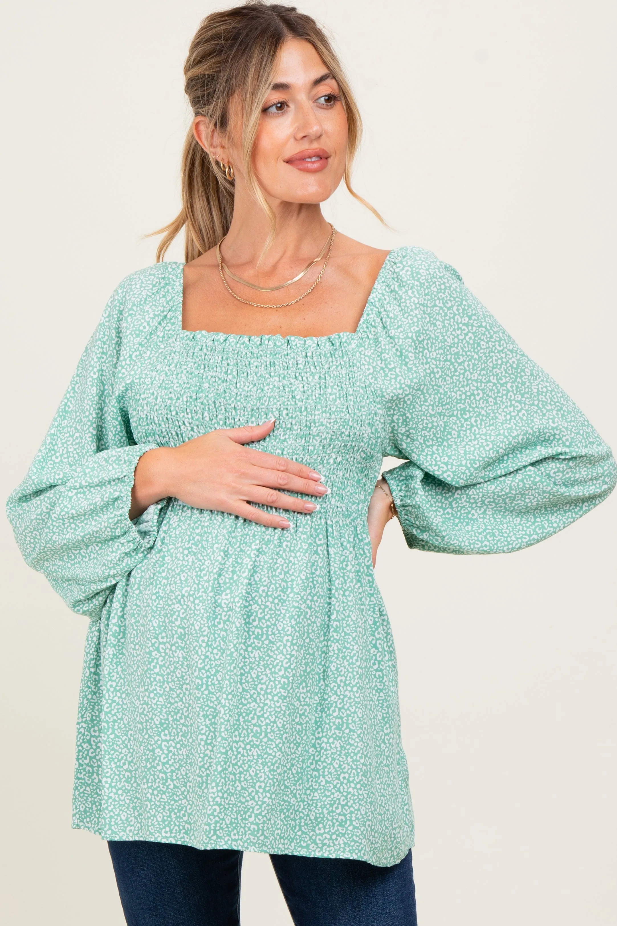 Sage Floral Smocked Long Sleeve Maternity Top sold by Pinkblush product image thumbnail 2